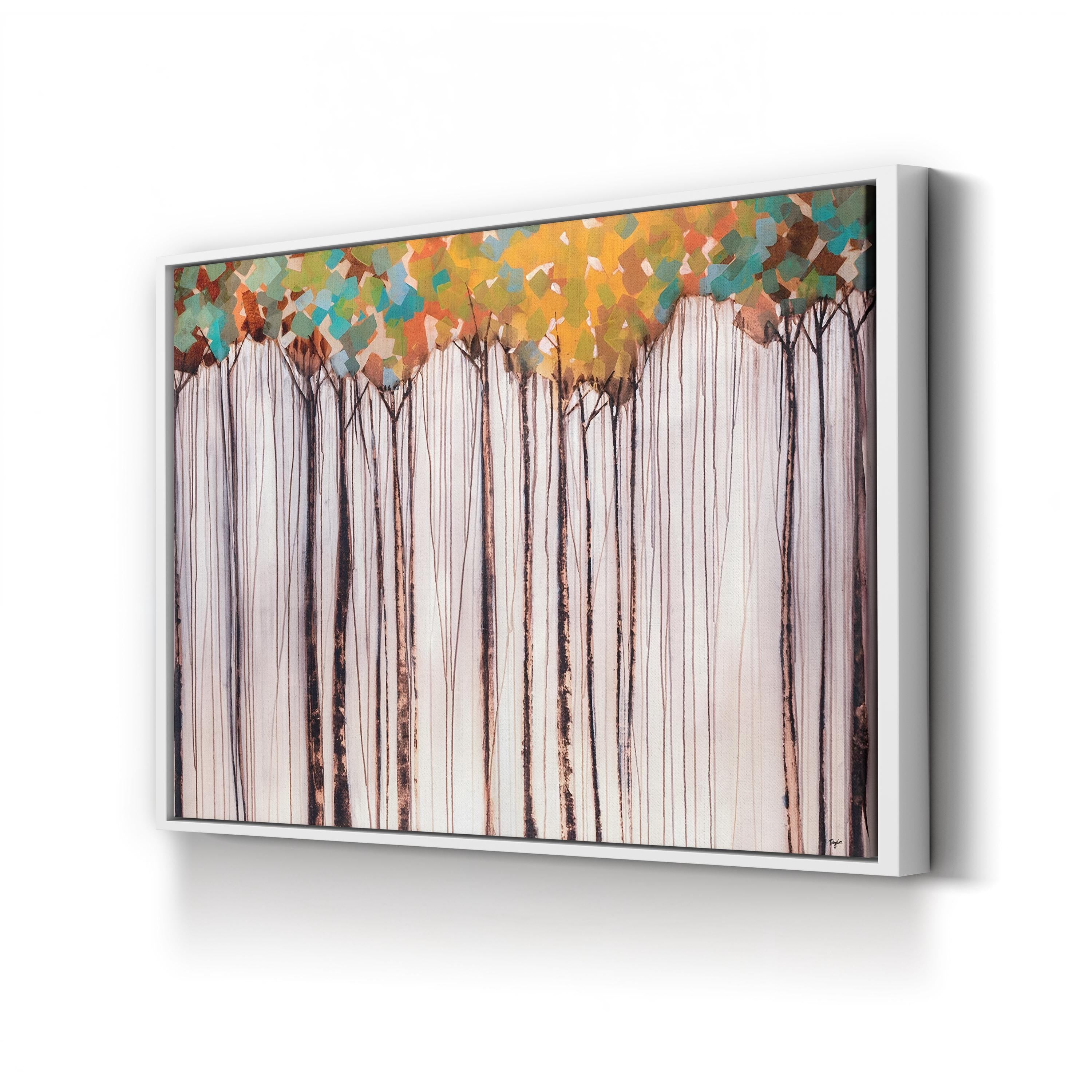 Framed artwork of trees with colorful foliage on a white background