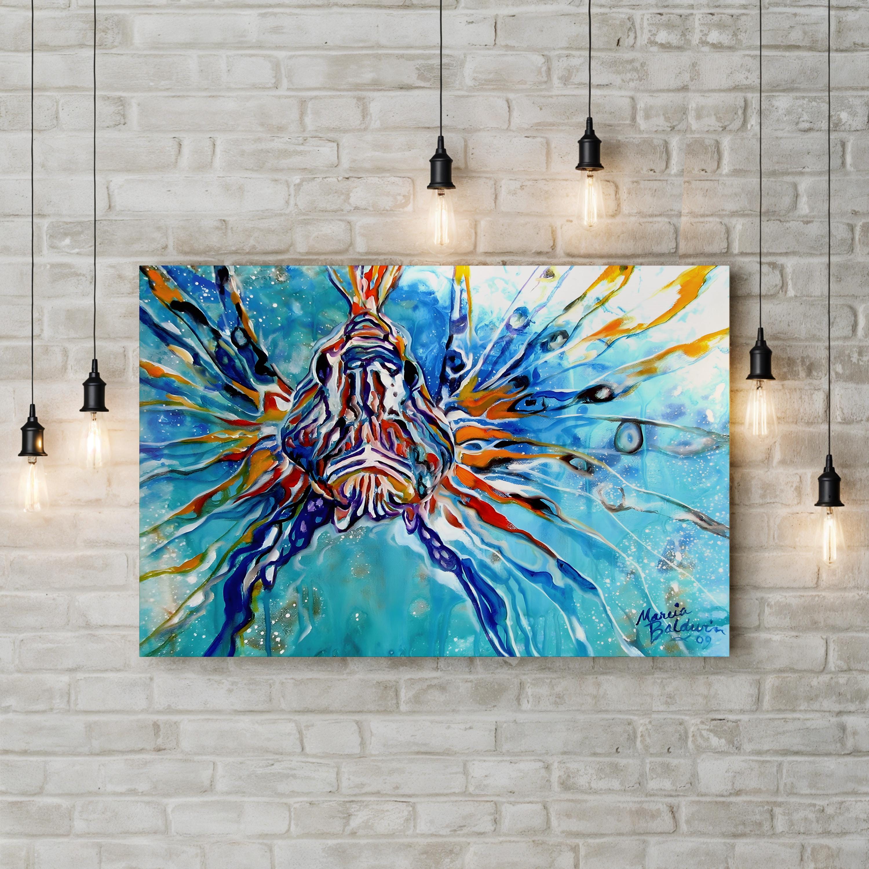 Lion Fish Blue Wall Art by Marcia Baldwin – Contemporary Abstract Tropical Fish Canvas