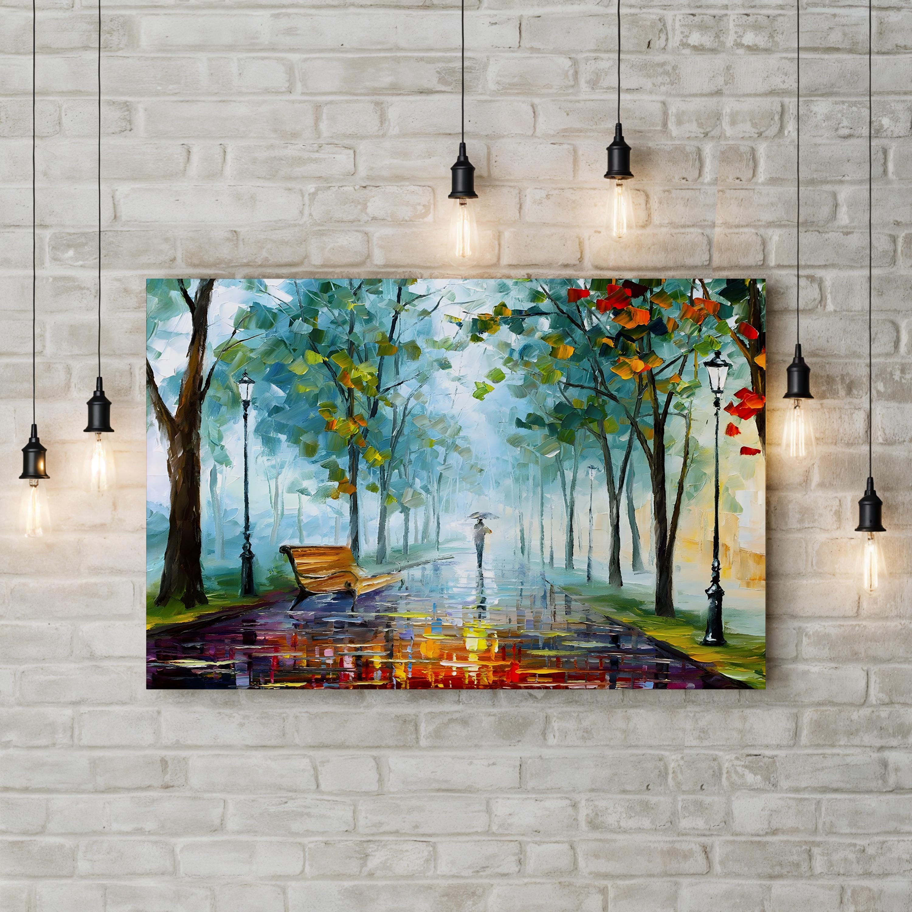 Long Fog Wall Art by Leonid Afremov – Contemporary Rainy Street Impressionist Canvas