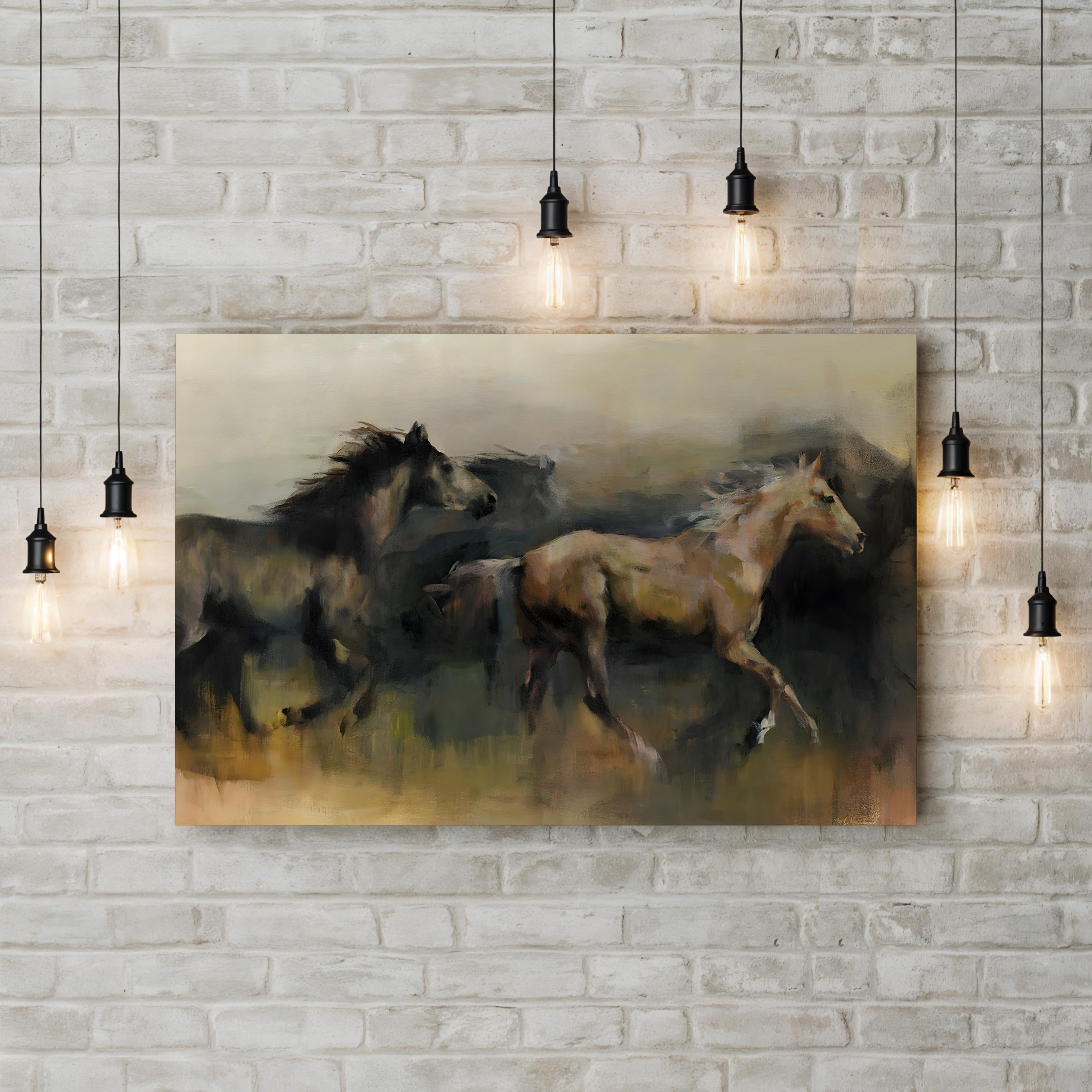 Wild Horses on Open Plains – Period Illustration Wall Art | Western Landscape Canvas Print