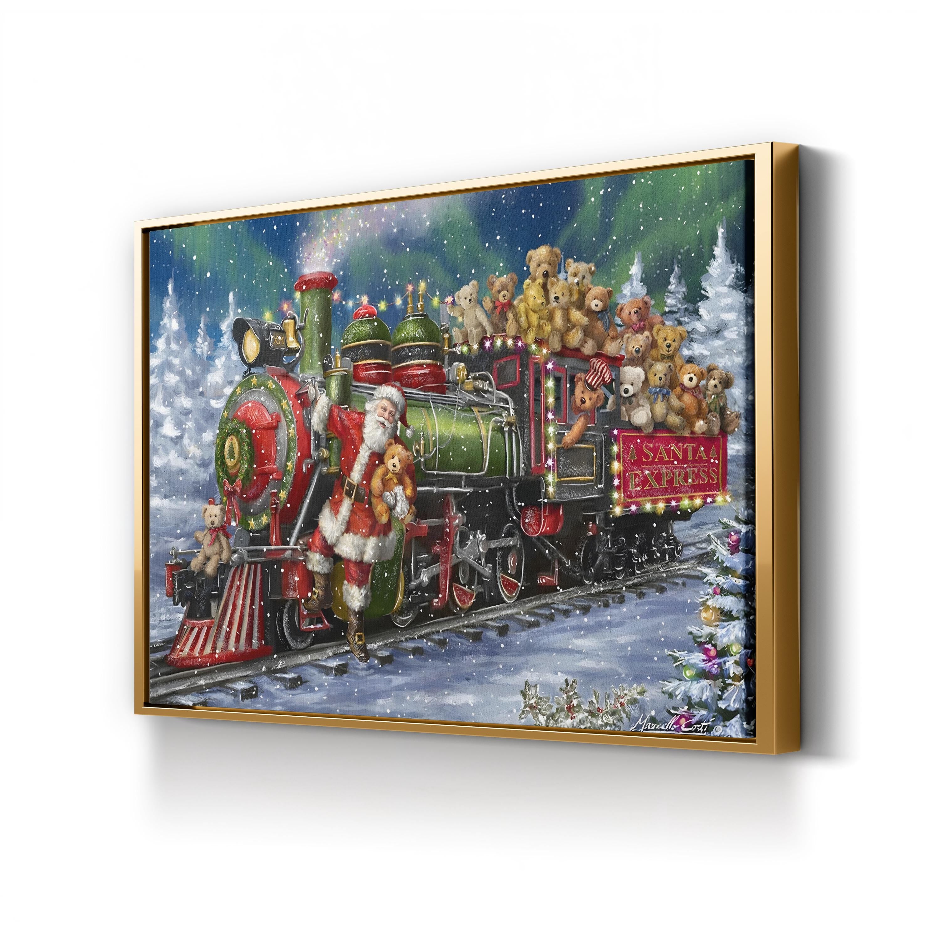 Santa Green / Red Train with Toy Bears Wall Art by Marcello Corti – Festive Christmas Illustration Canvas