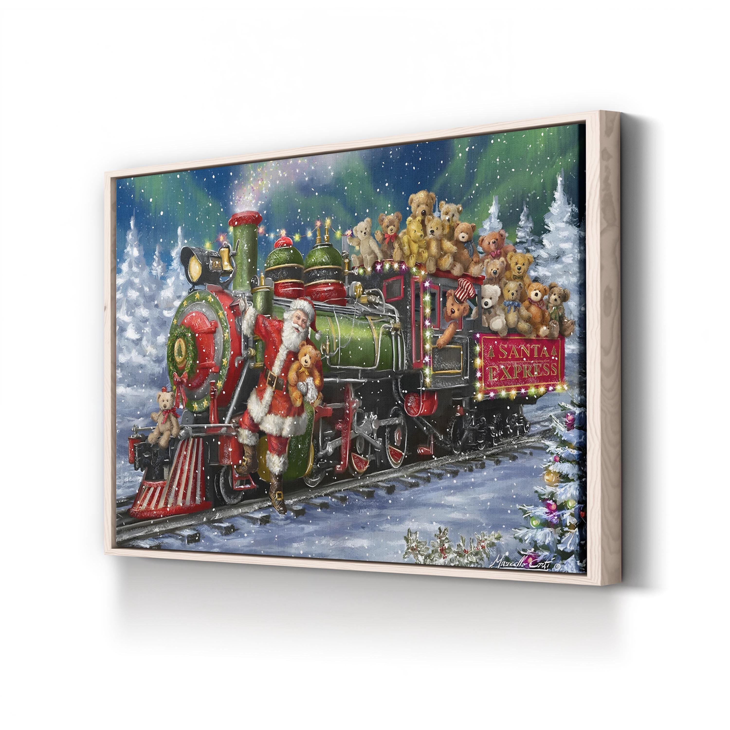 Santa Green / Red Train with Toy Bears Wall Art by Marcello Corti – Festive Christmas Illustration Canvas