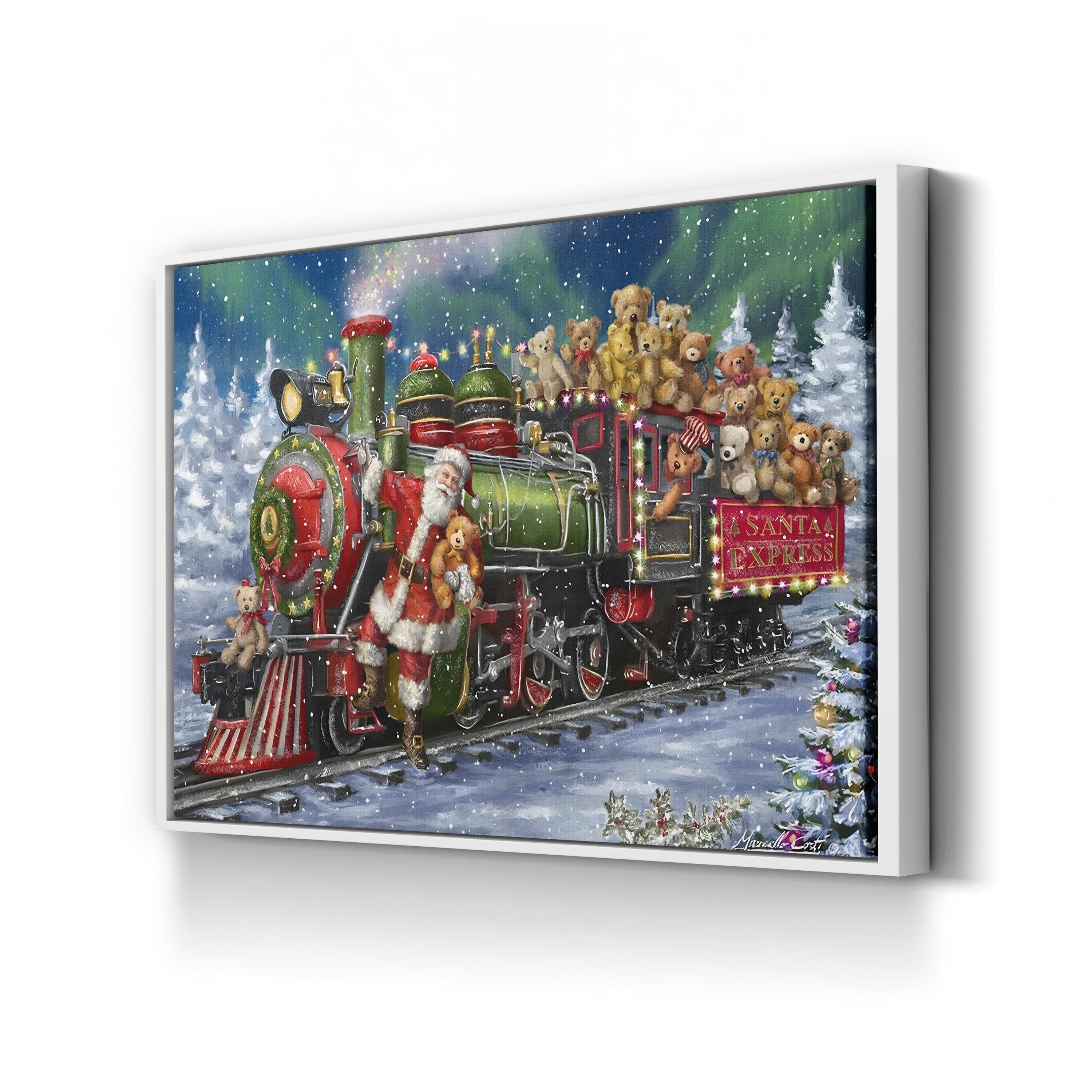 Santa Green / Red Train with Toy Bears Wall Art by Marcello Corti – Festive Christmas Illustration Canvas