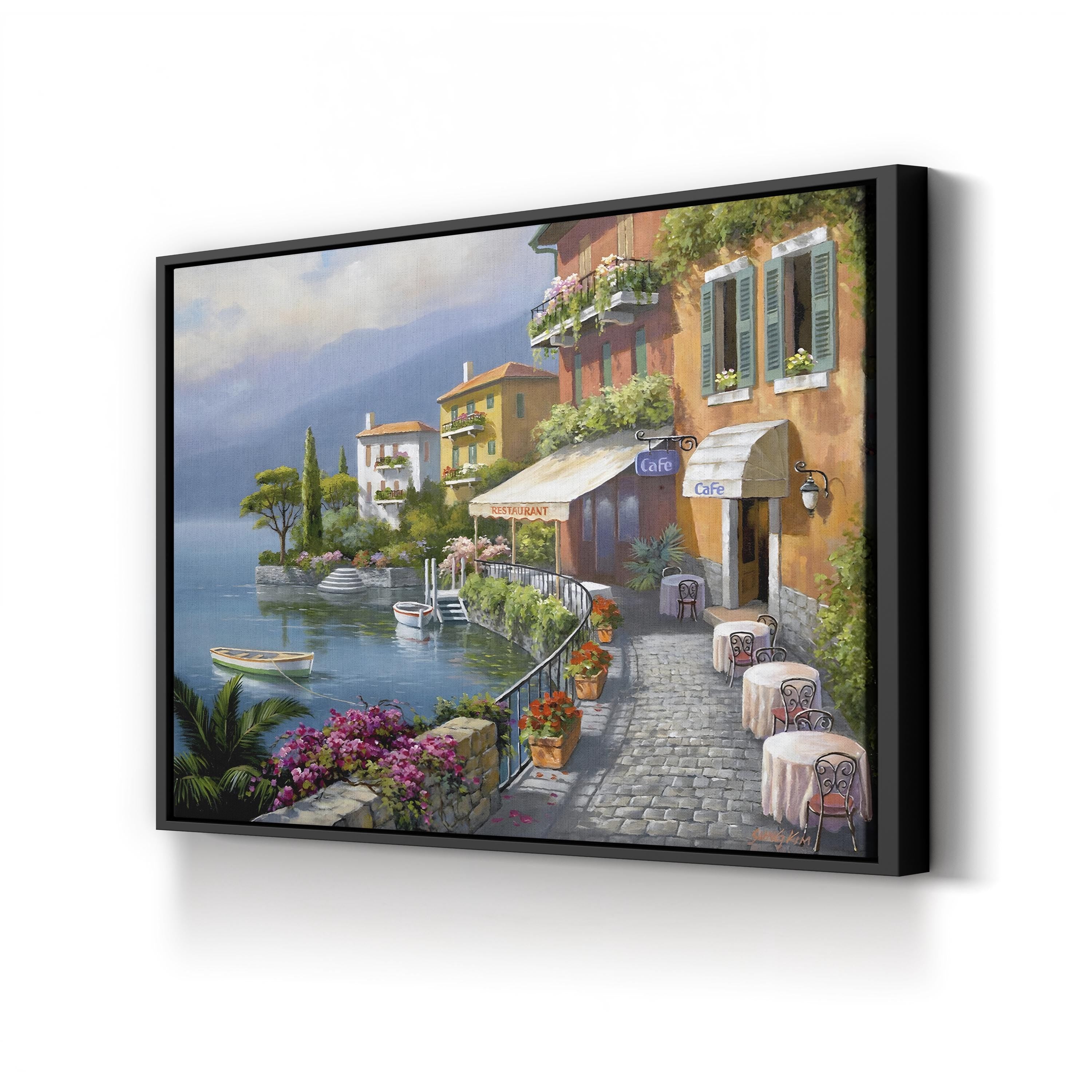 Seaside Bistro Café Wall Art by Sung Kim – Contemporary European Coastal Village Canvas
