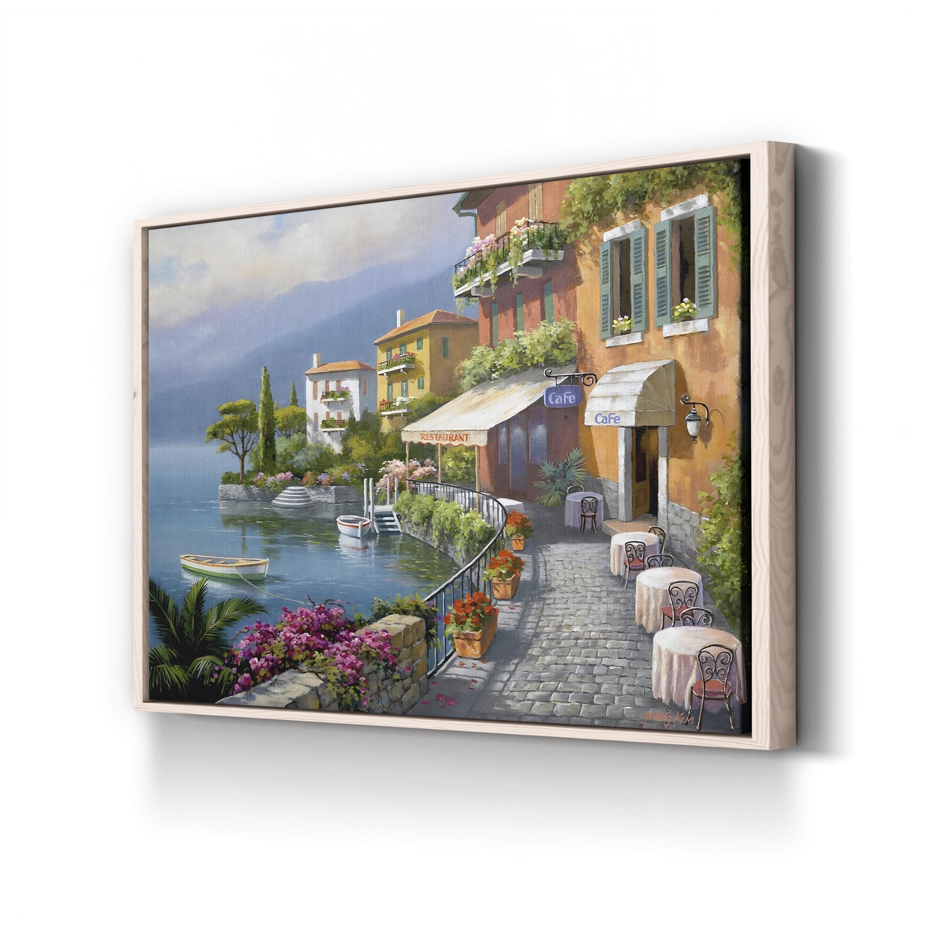 Seaside Bistro Café Wall Art by Sung Kim – Contemporary European Coastal Village Canvas