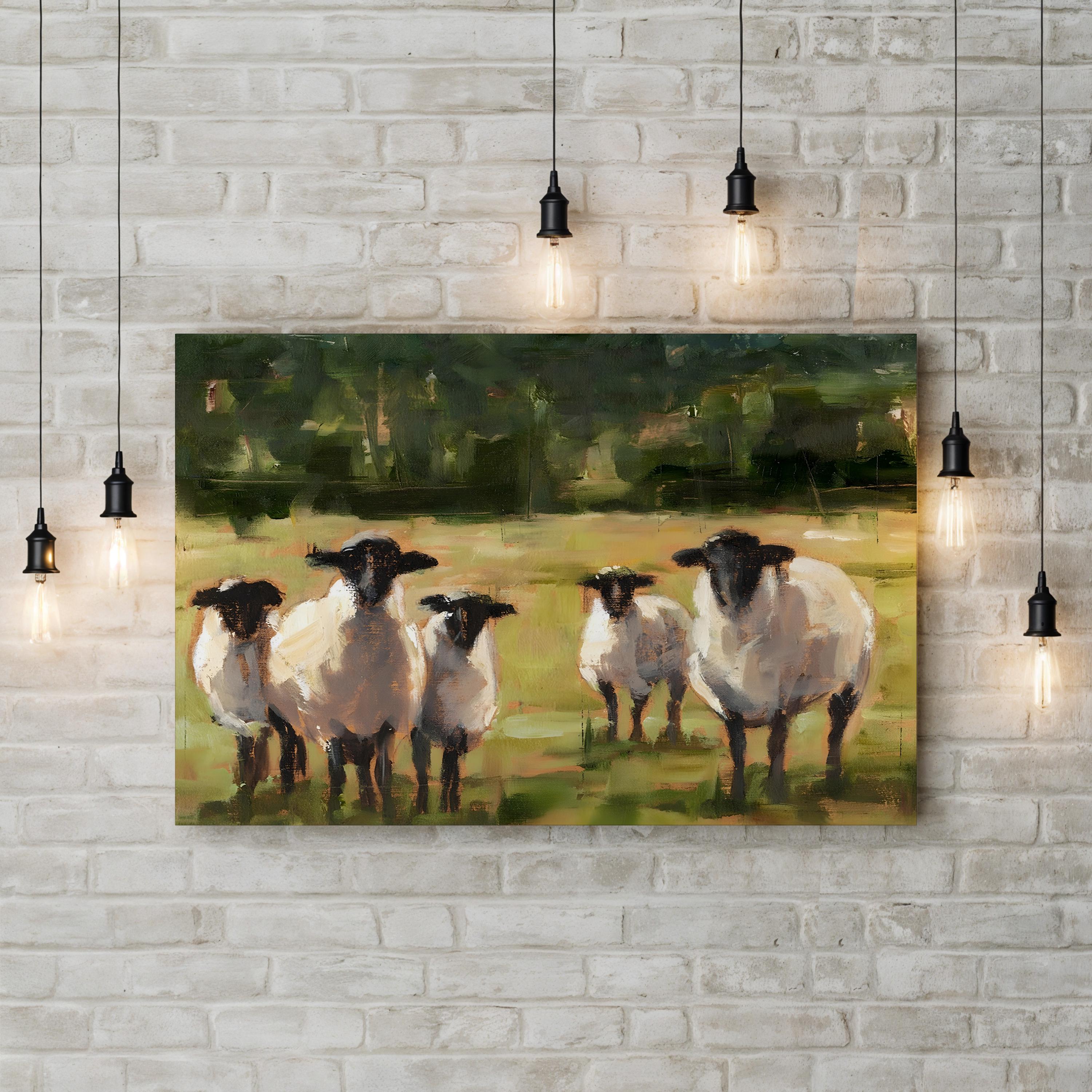 Sheep Family I Wall Art by Ethan Harper – Neutral Wildlife Farm Landscape Canvas Print