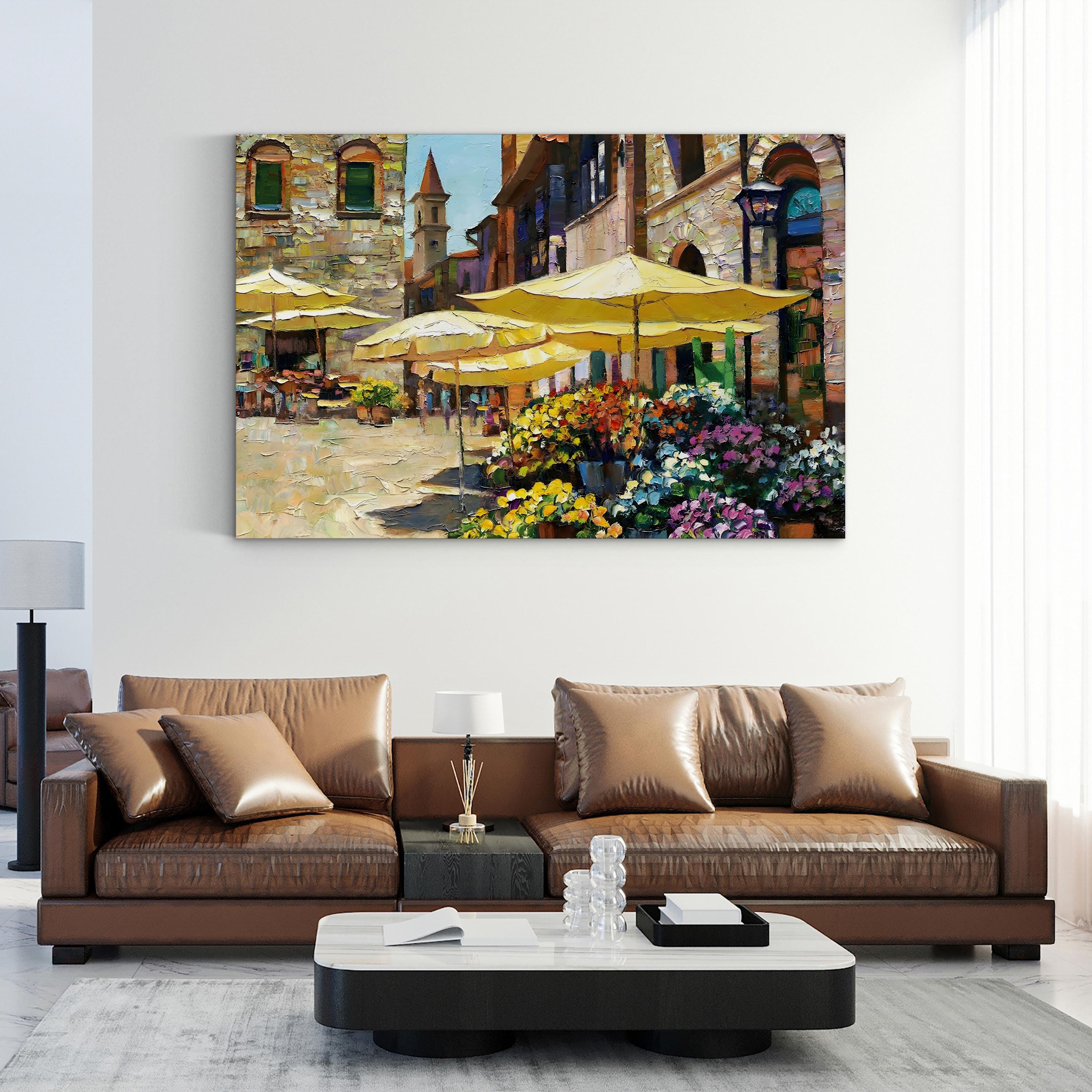 Siena Flower Market Canvas Art – Italian Street Scene with Yellow Umbrellas