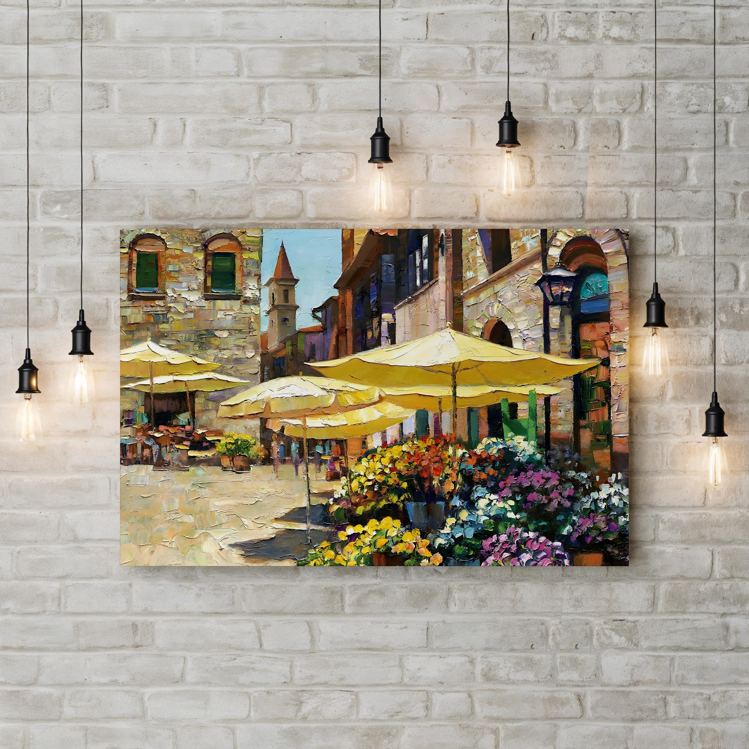 Siena Flower Market Canvas Art – Italian Street Scene with Yellow Umbrellas
