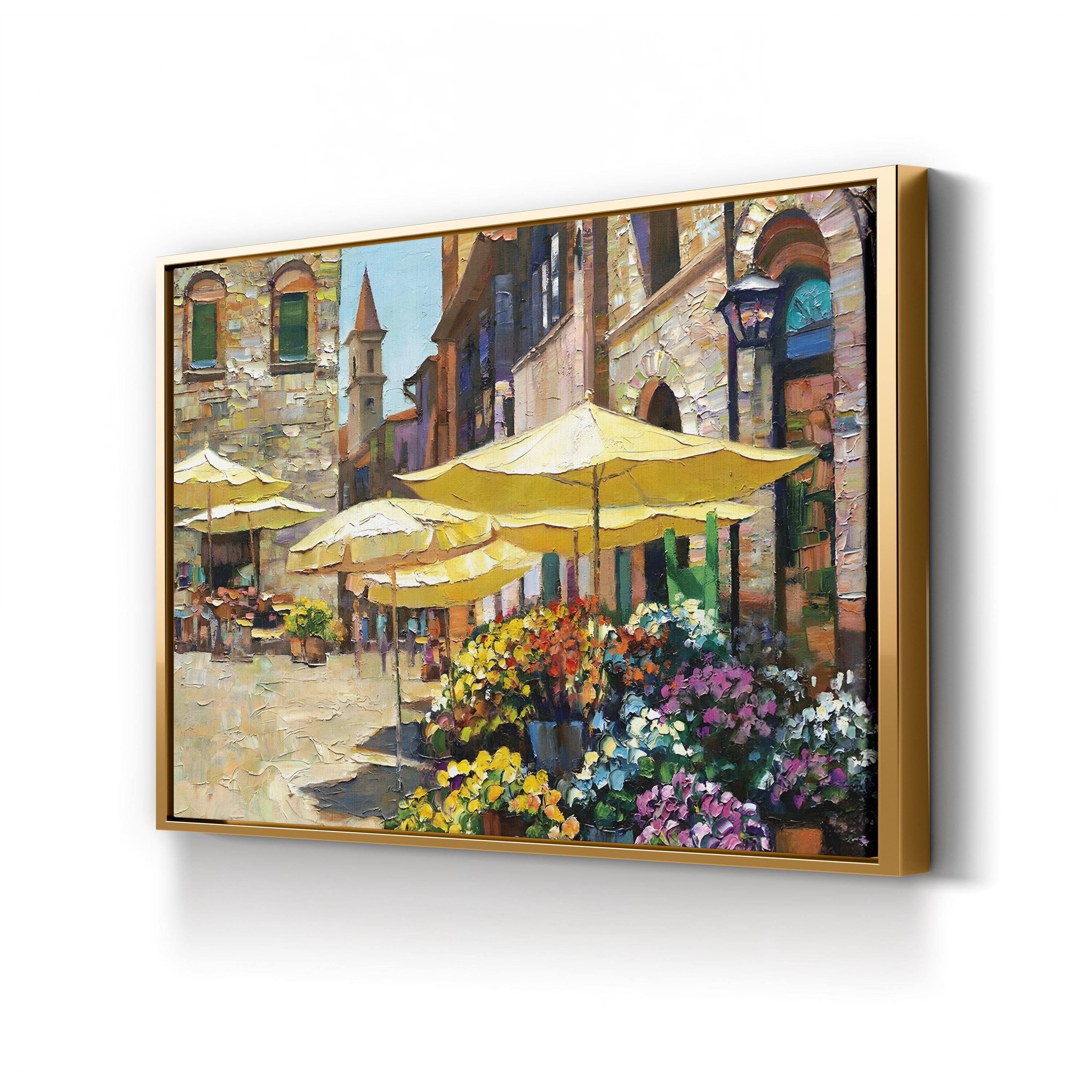 Siena Flower Market Canvas Art – Italian Street Scene with Yellow Umbrellas