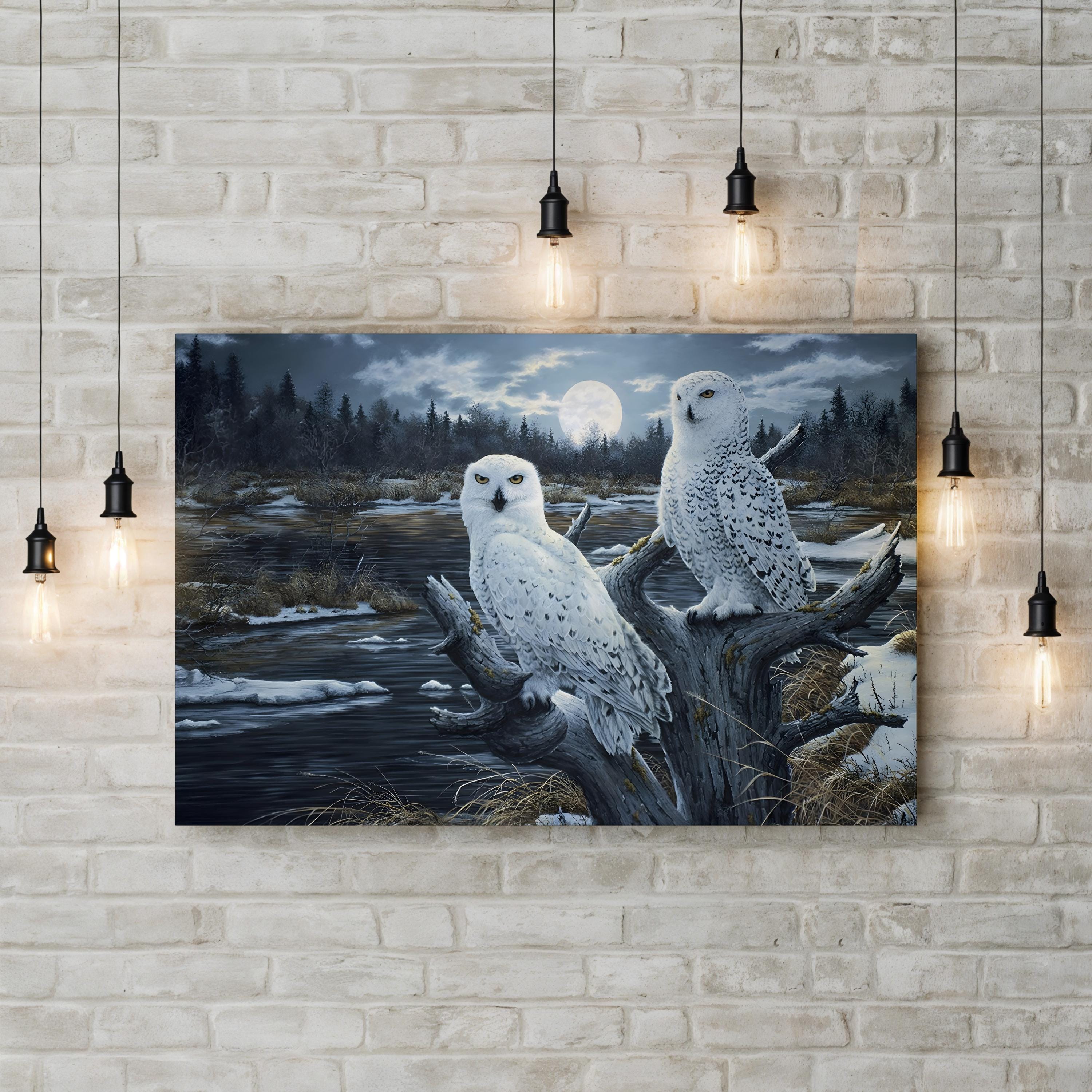 Snowy Owls Canvas Art Print – Winter Forest Wildlife Wall Art with Full Moon by Jeff Tift