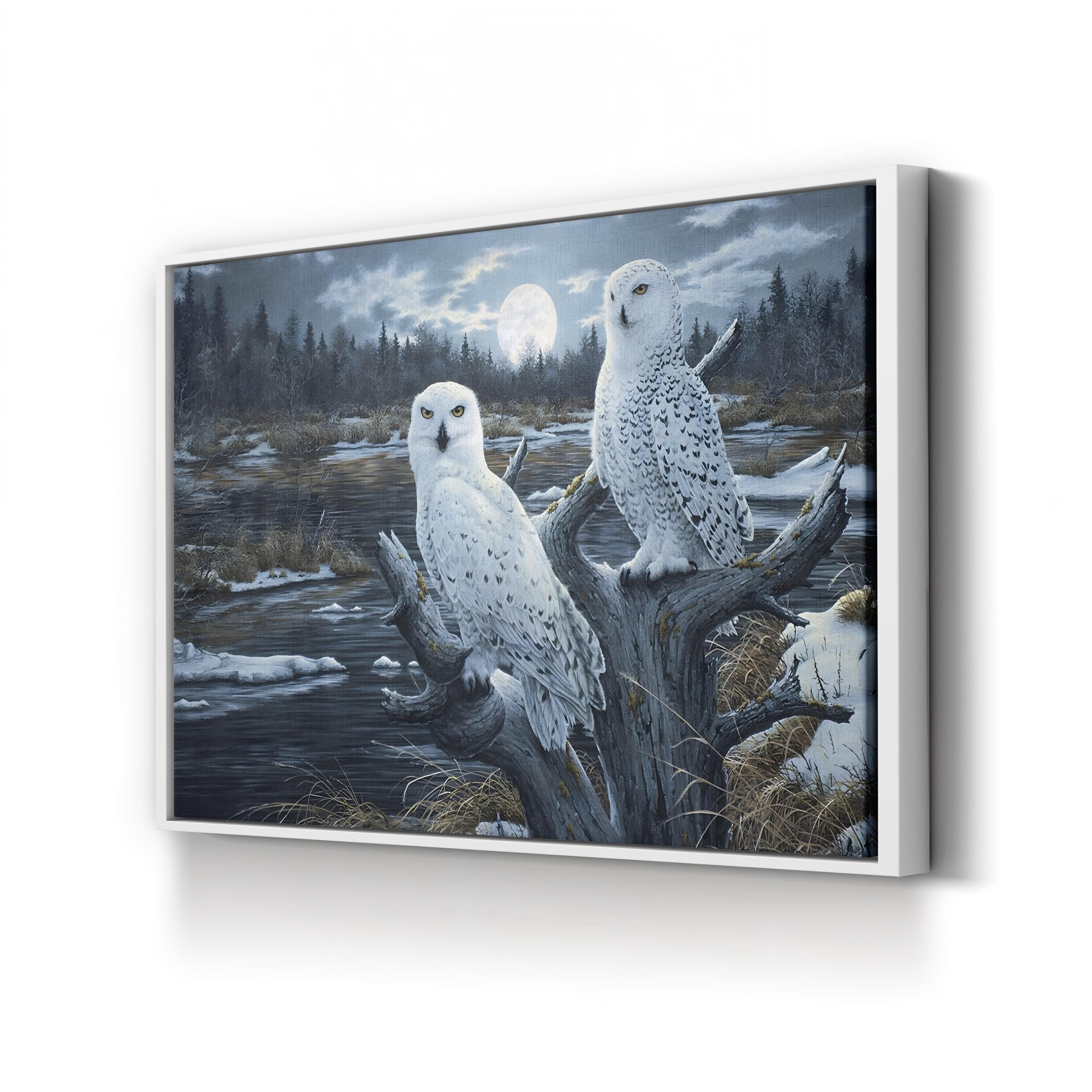 Snowy Owls Canvas Art Print – Winter Forest Wildlife Wall Art with Full Moon by Jeff Tift