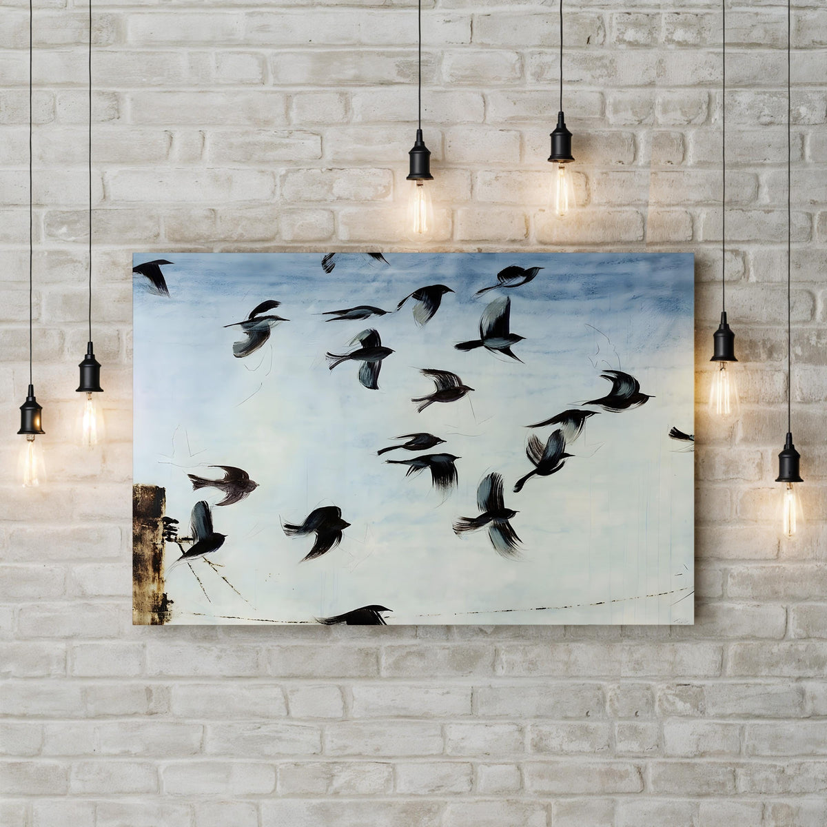 Sparrows by Kari Taylor canvas print displayed in living room