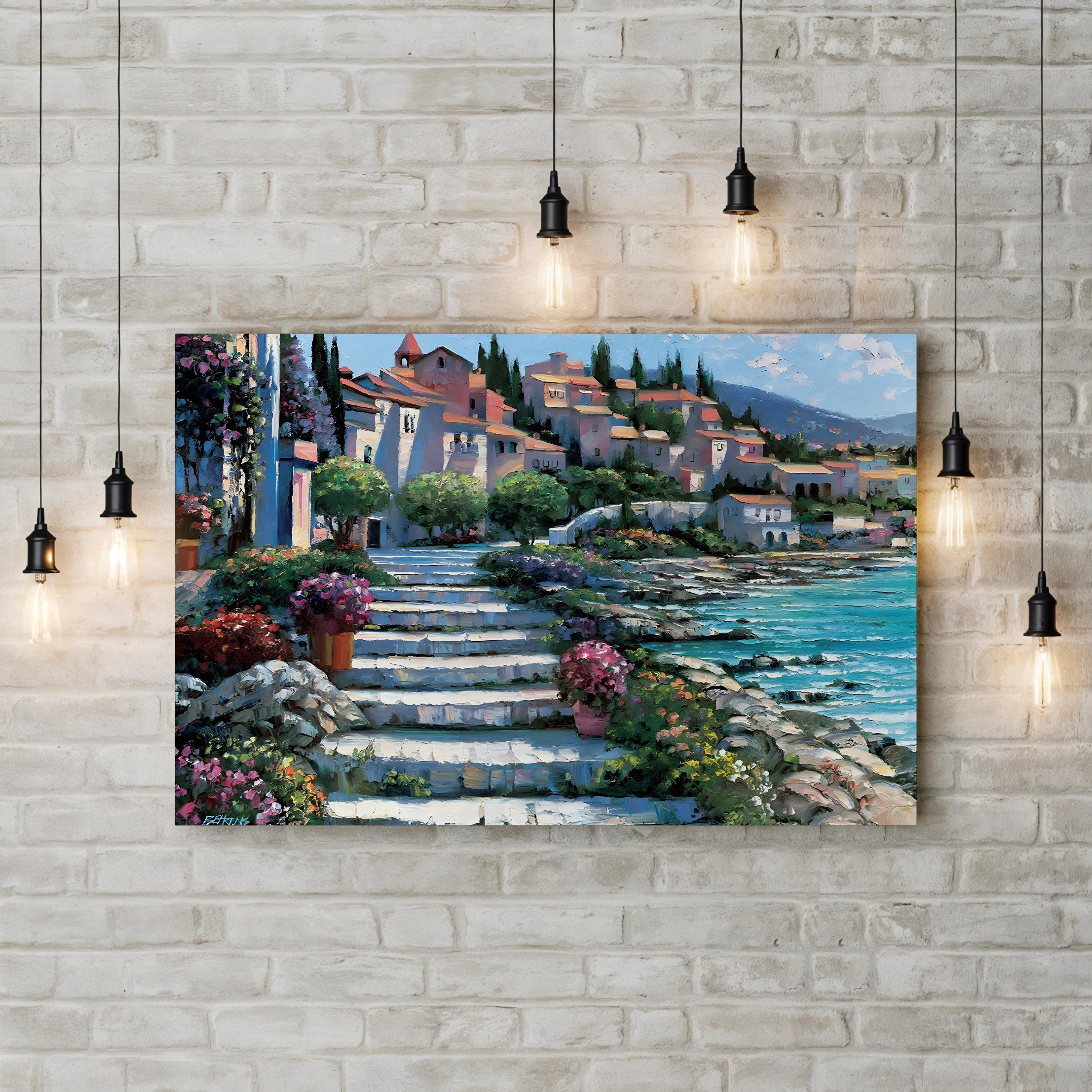 Steps of St. Tropez Canvas Art Print: Mediterranean Coastal Architecture by Howard Behrens