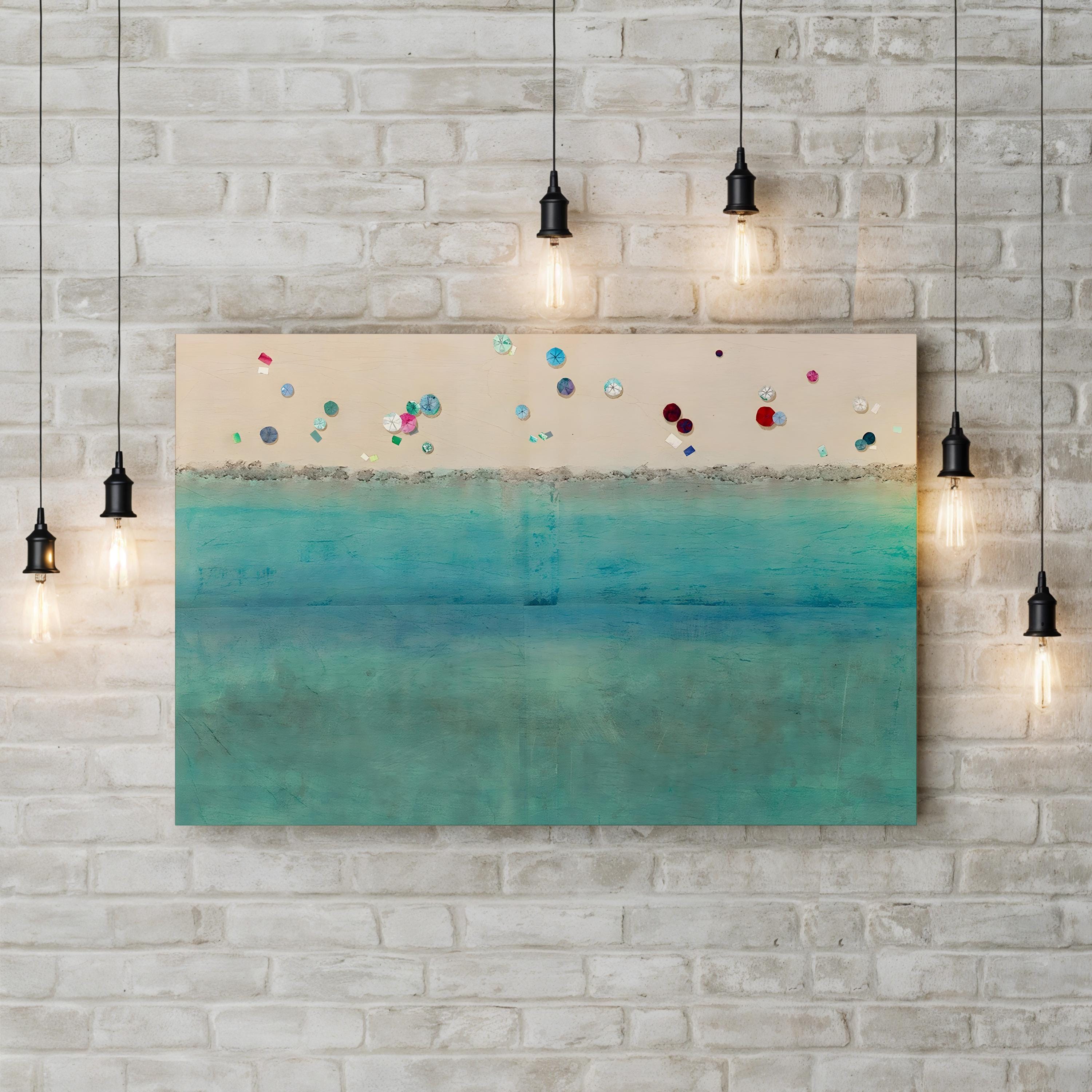 Beach Umbrella Coastal Scene – Period Illustration Wall Art | Vibrant Summer Canvas Print