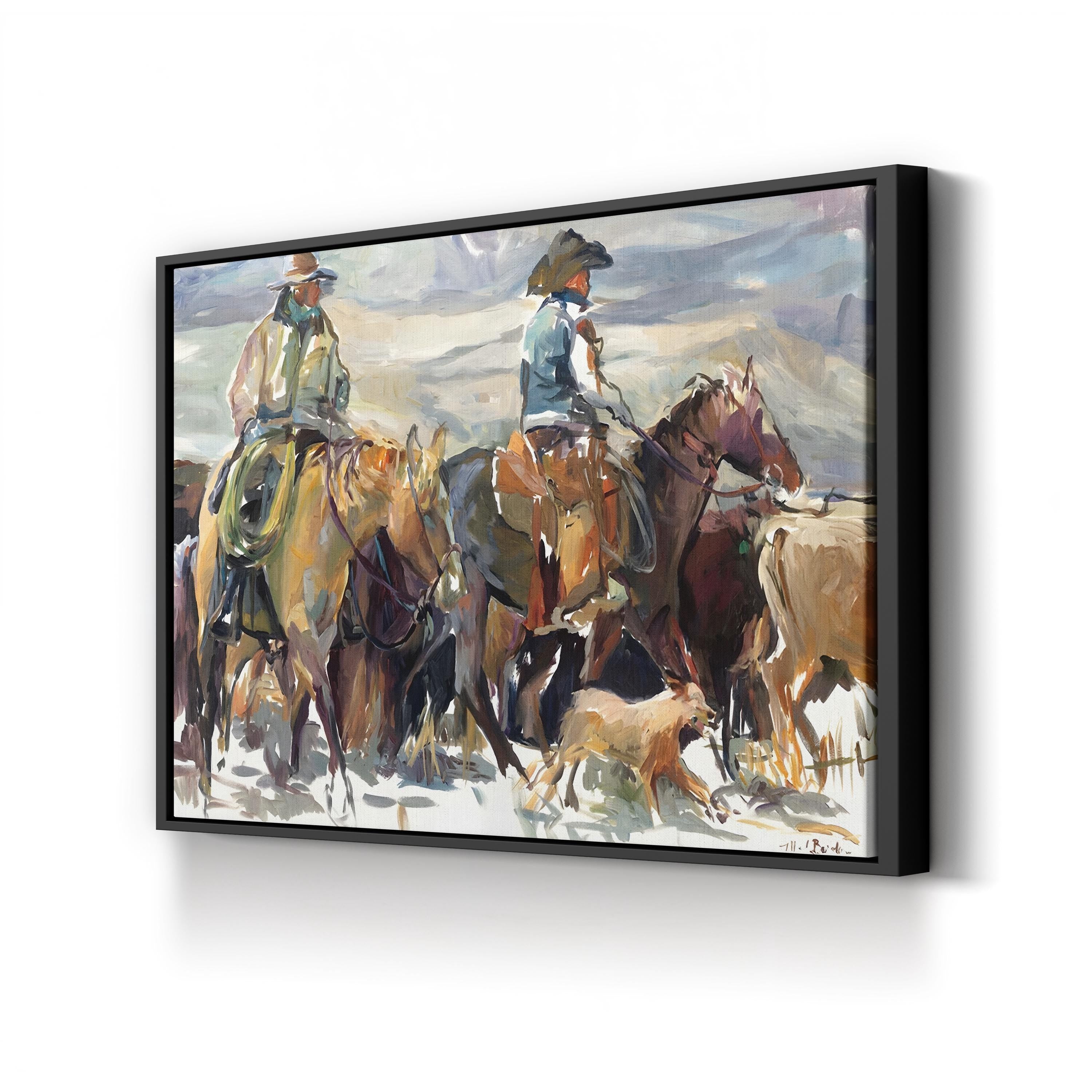 The Roundup Cowboy Landscape – Period Illustration Wall Art | Western Canvas Print