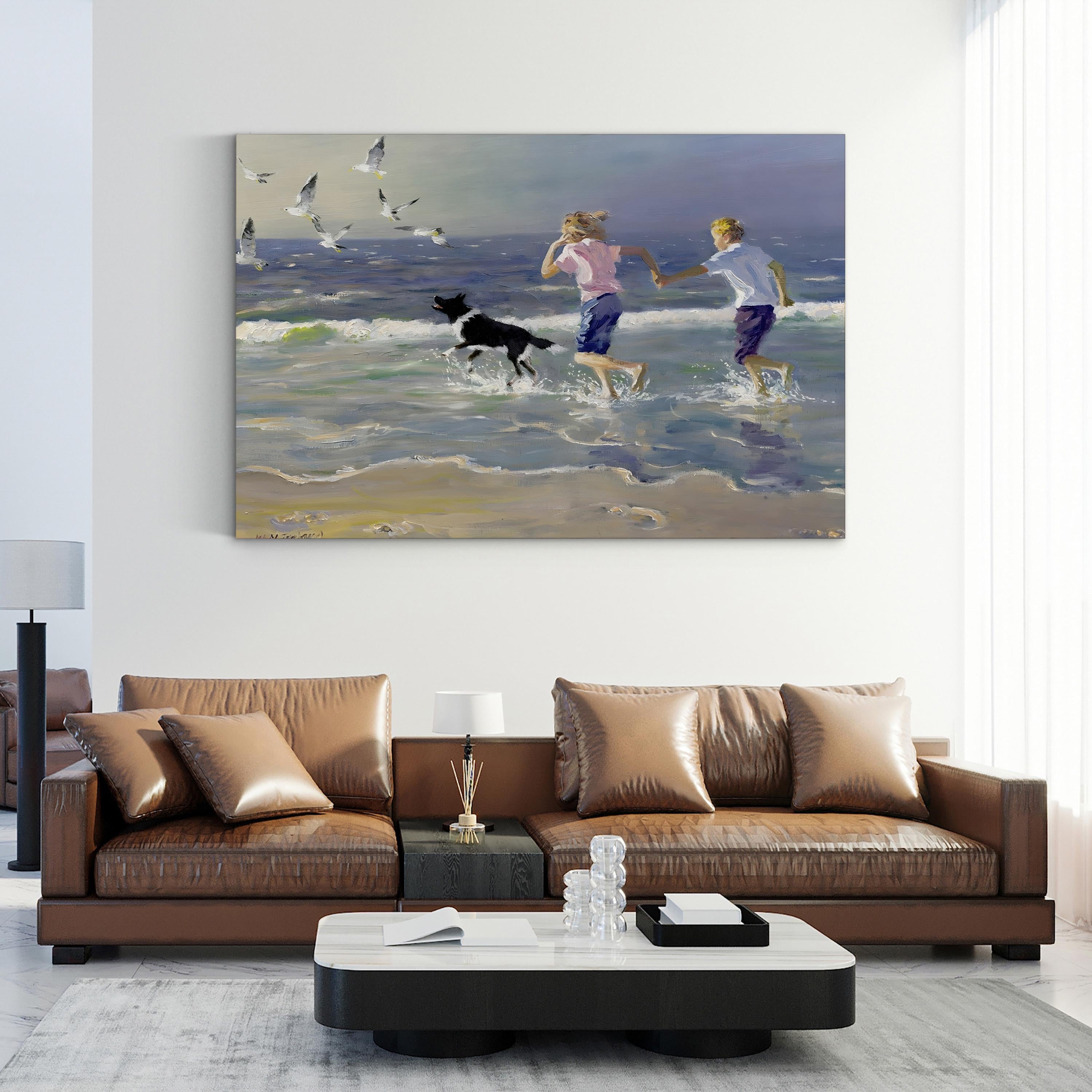 Children and Dog Beach Canvas Art Print: Coastal Ocean Landscape