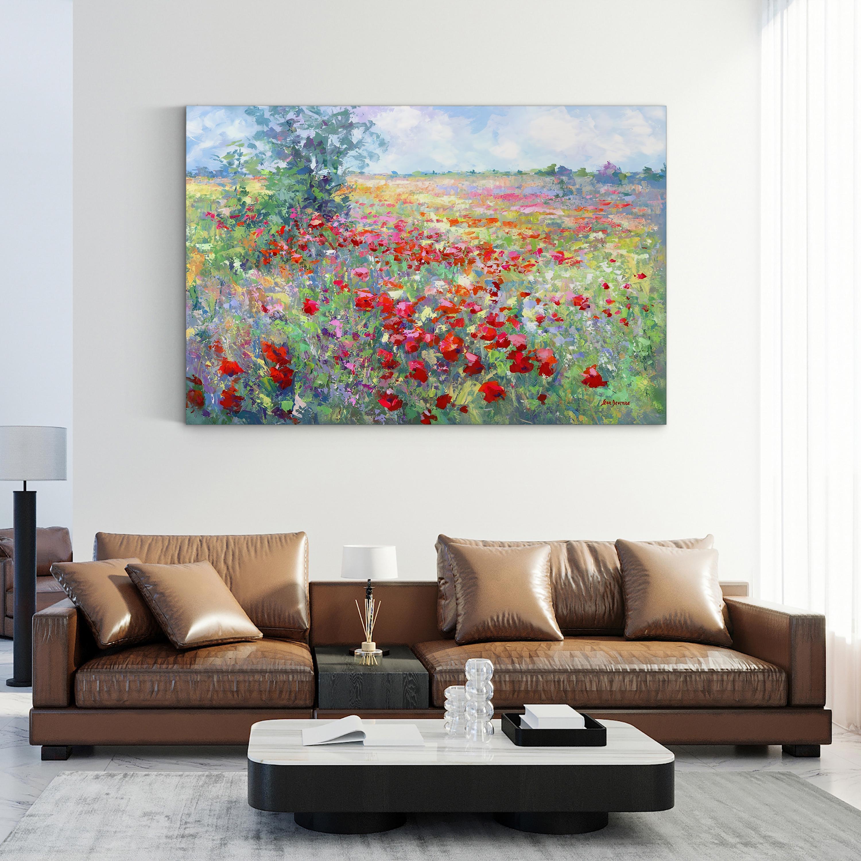 Tuscan Wildflower Field Canvas Wall Art: Contemporary Italian Landscape Painting