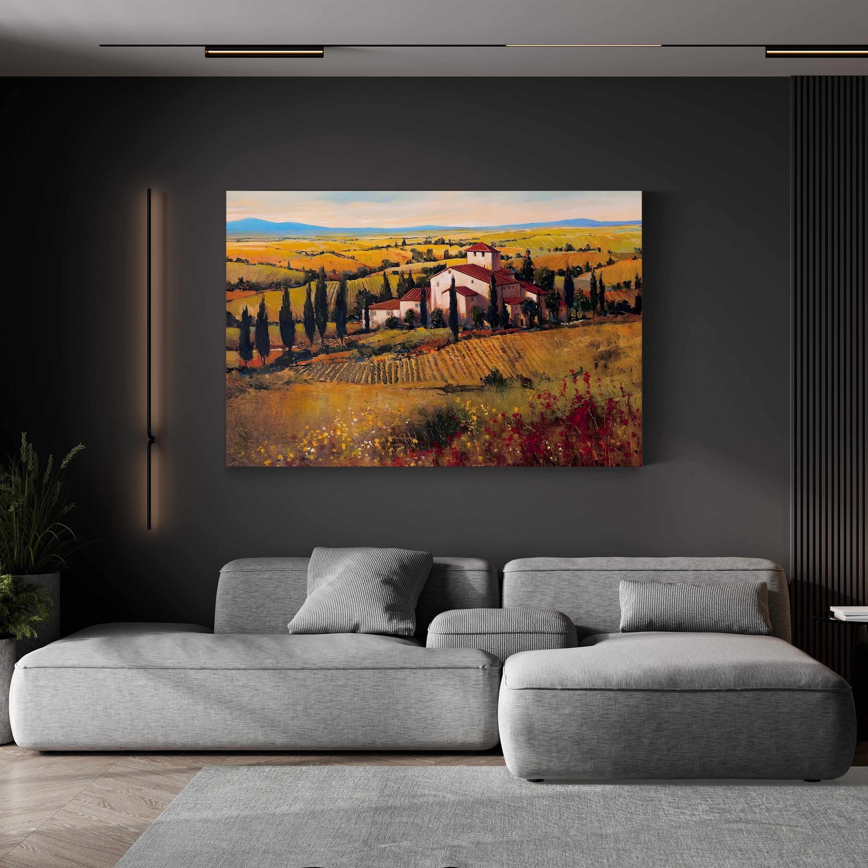 Tuscany Vineyard Canvas Art: Sunlit Rolling Hills, Mediterranean Decor