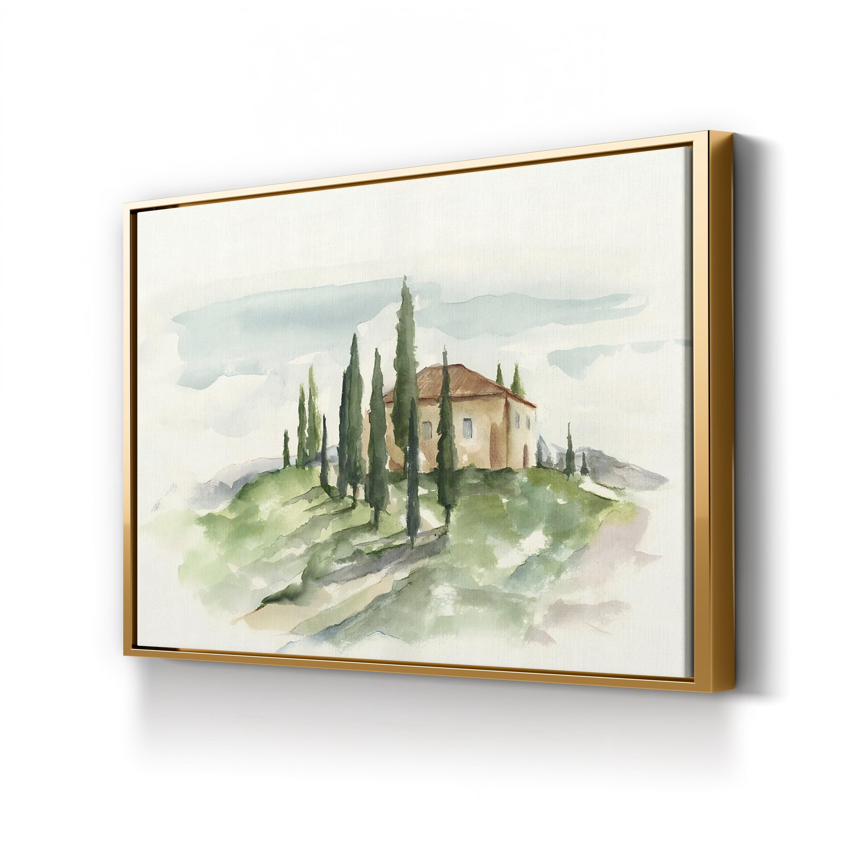 Tuscan Villa Watercolor Canvas Art: Italian Country Landscape