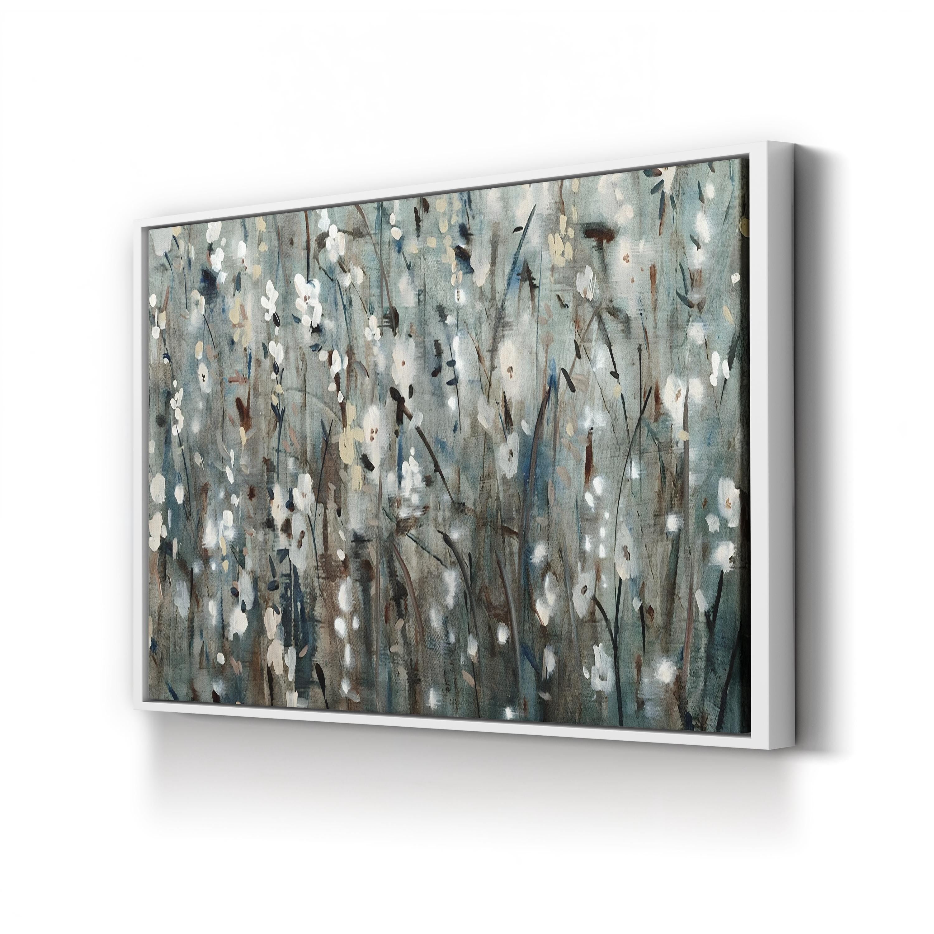 White Blossom Cascade on Navy – Period Illustration Wall Art | Textured Floral Canvas Print