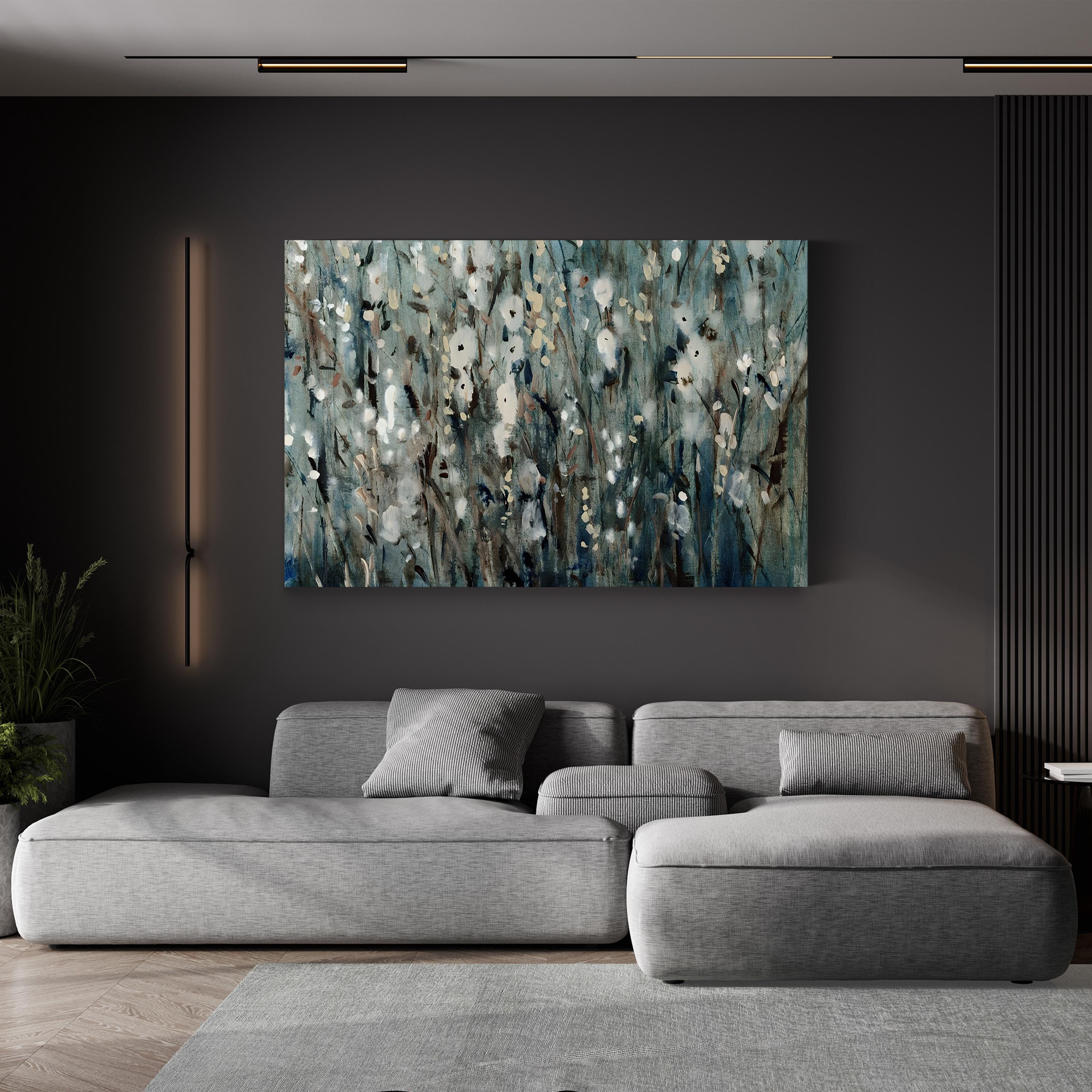 White Blossoms on Navy – Period Illustration Wall Art | Coastal Floral Canvas Print