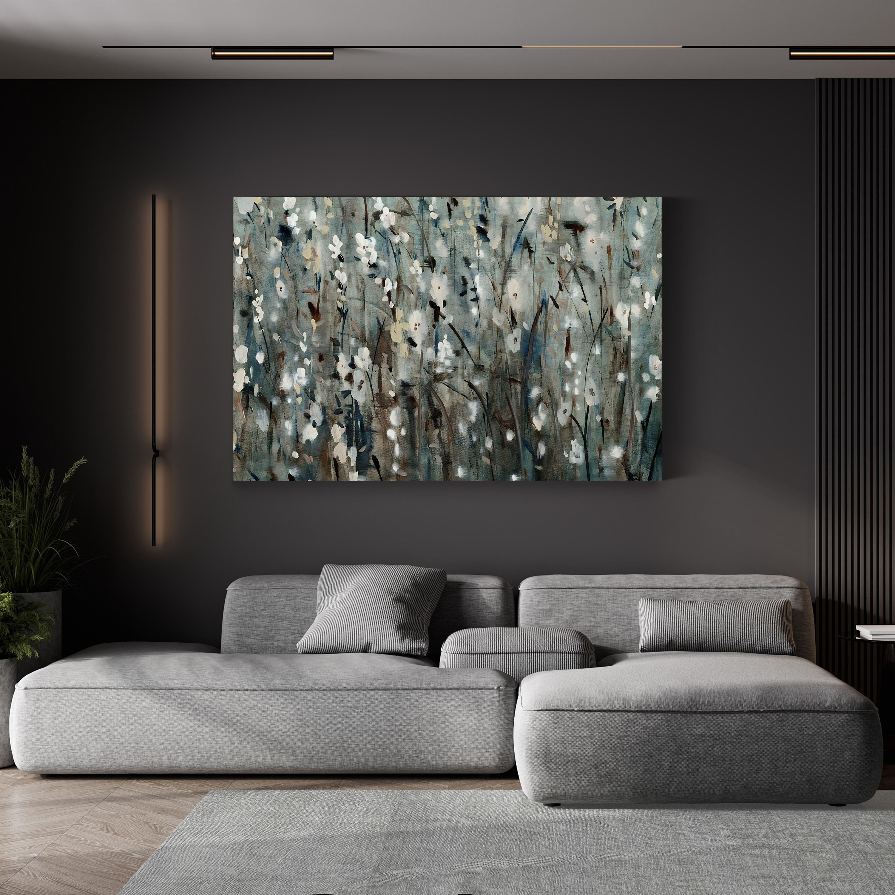 White Blossom Cascade on Navy – Period Illustration Wall Art | Textured Floral Canvas Print