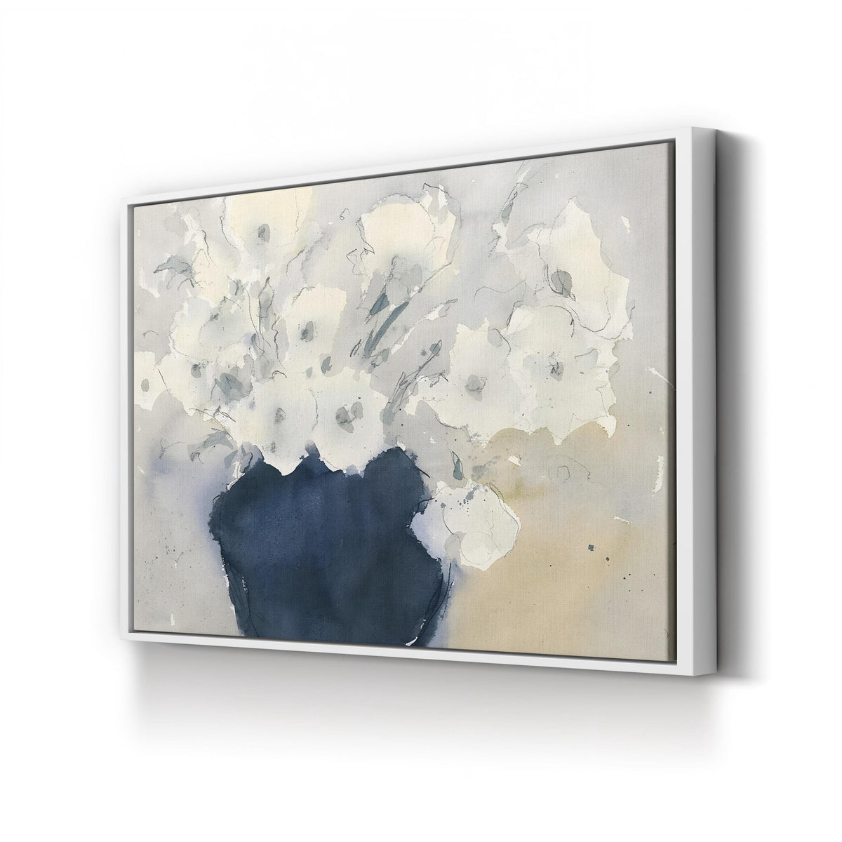 White Floral Bouquet Watercolor – Period Illustration Wall Art | Elegant Botanical Canvas Print canvas print in White Framed Canvas