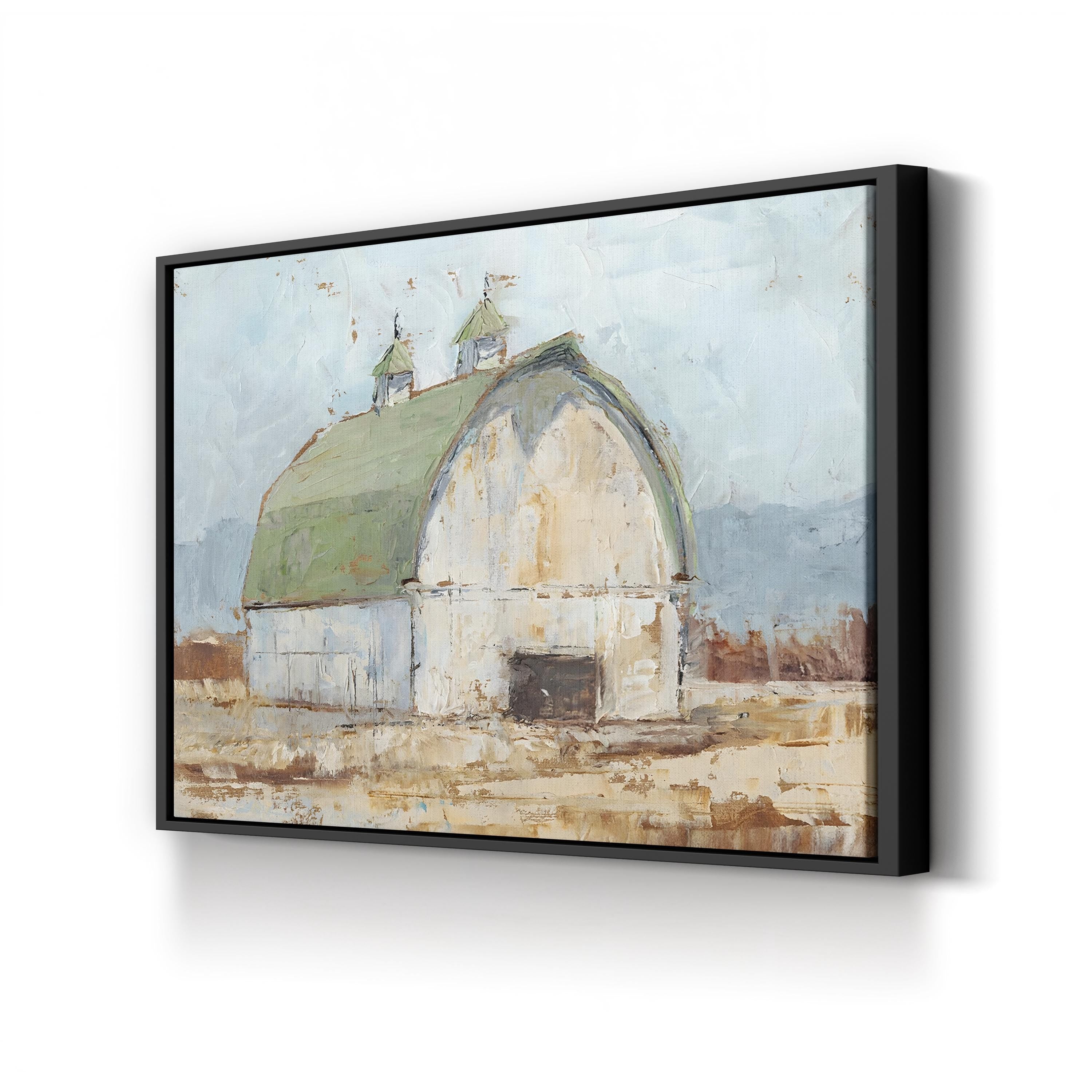 Whitewashed Barn Green Roof – Period Illustration Wall Art | Rustic Farmhouse Canvas Print