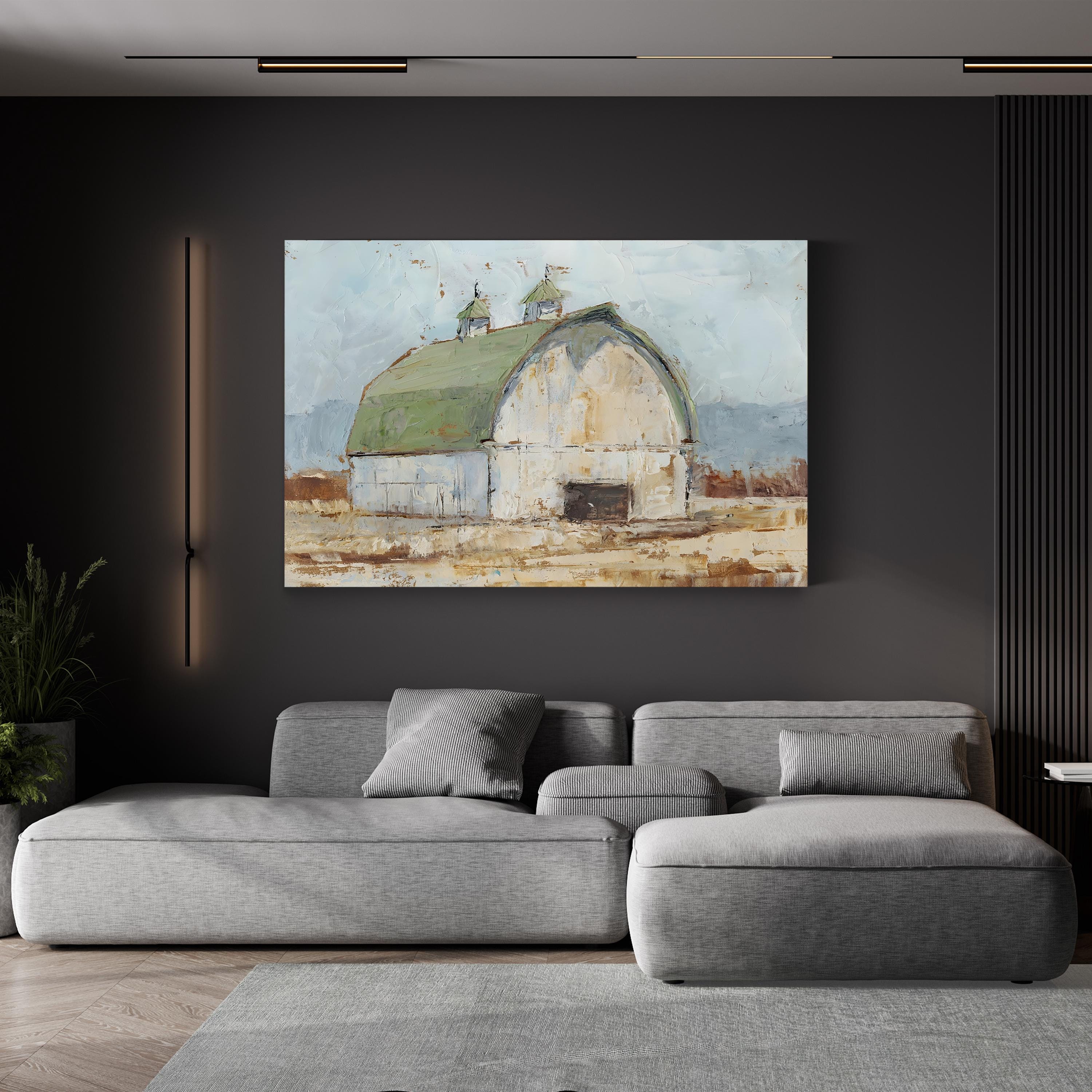 Whitewashed Barn Green Roof – Period Illustration Wall Art | Rustic Farmhouse Canvas Print