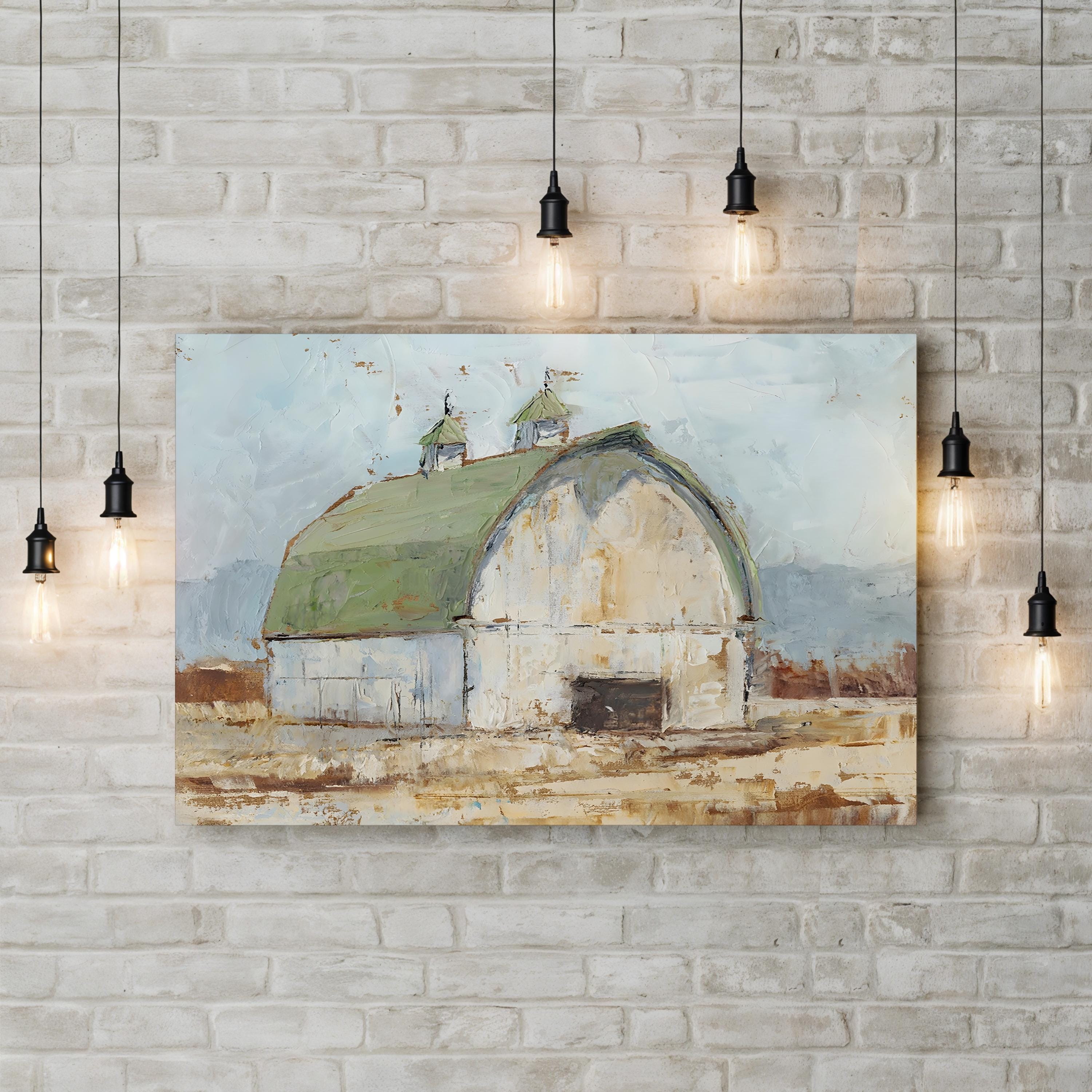 Whitewashed Barn Green Roof – Period Illustration Wall Art | Rustic Farmhouse Canvas Print