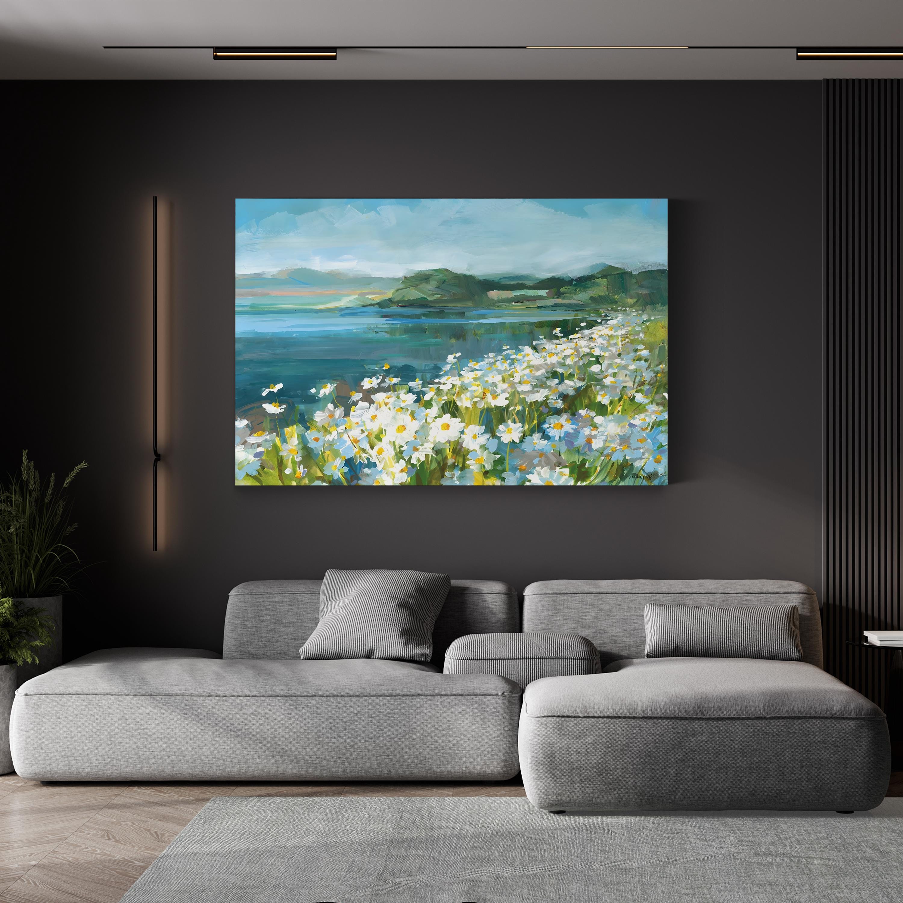 Wild Daisy Bay Wall Art by Danhui Nai – Serene Coastal Floral Landscape Canvas