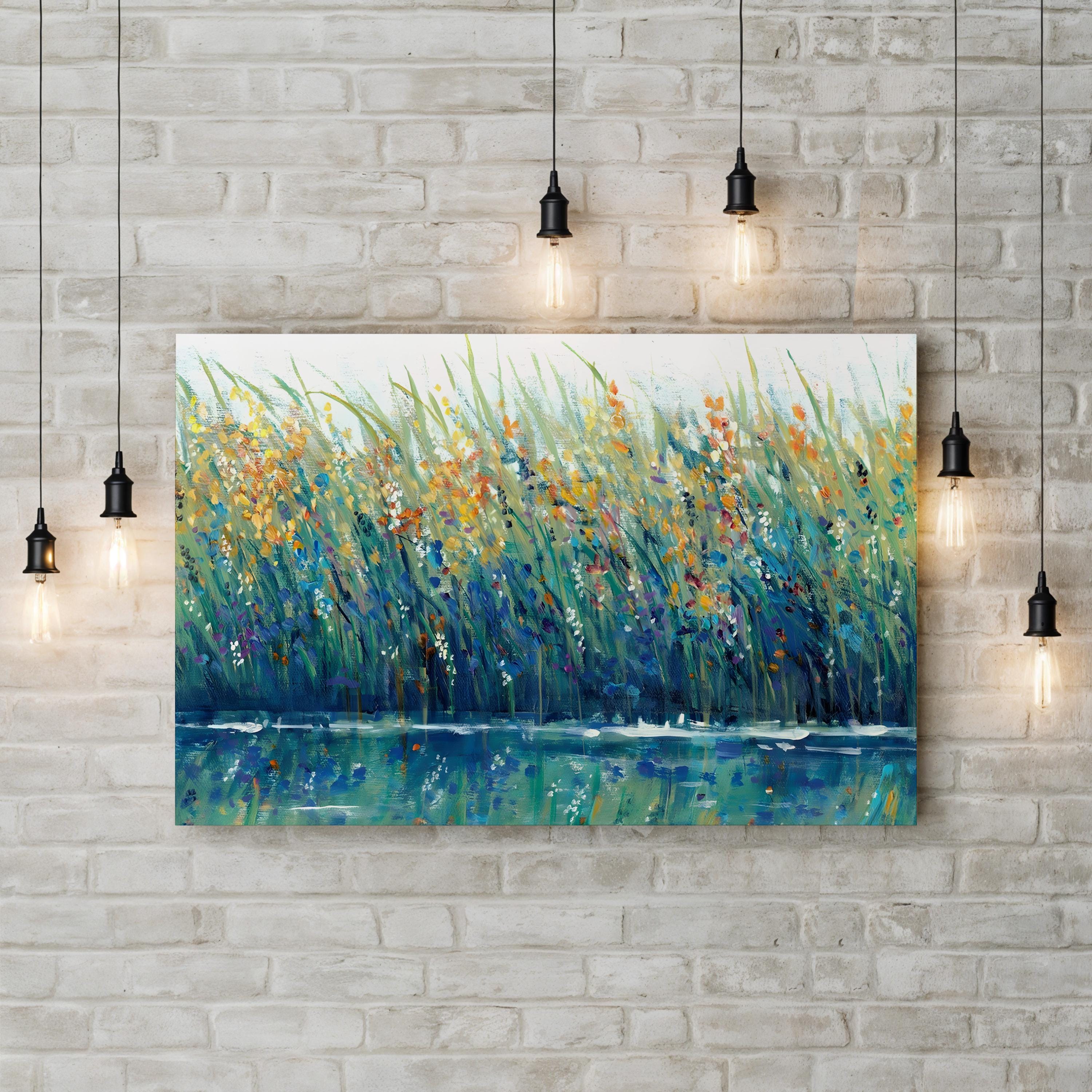 Wildflower Meadow Reflection – Period Illustration Wall Art | Tranquil Landscape Canvas Print