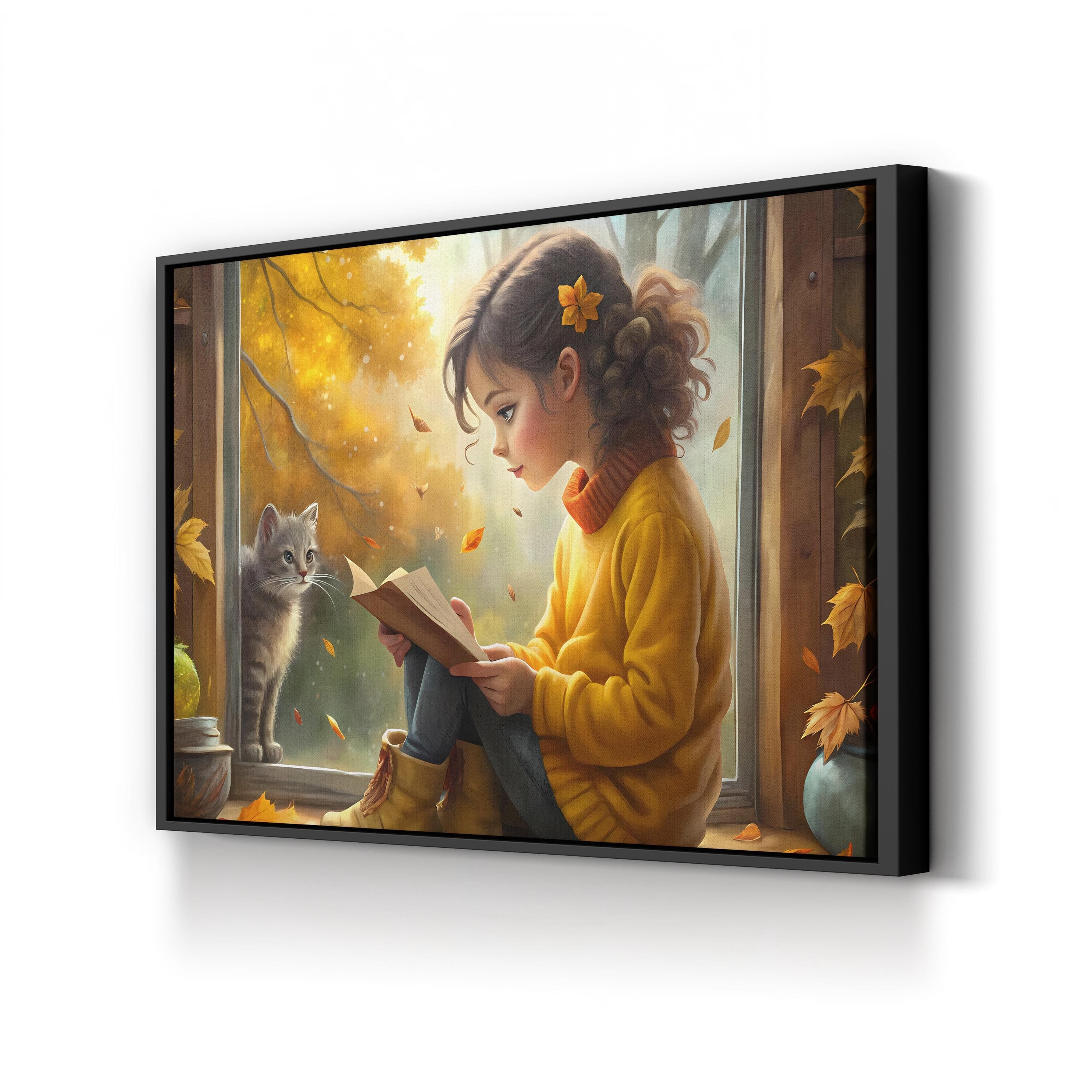 Autumn Reading Girl with Cat – Period Illustration Wall Art | Cozy Fall Canvas Print