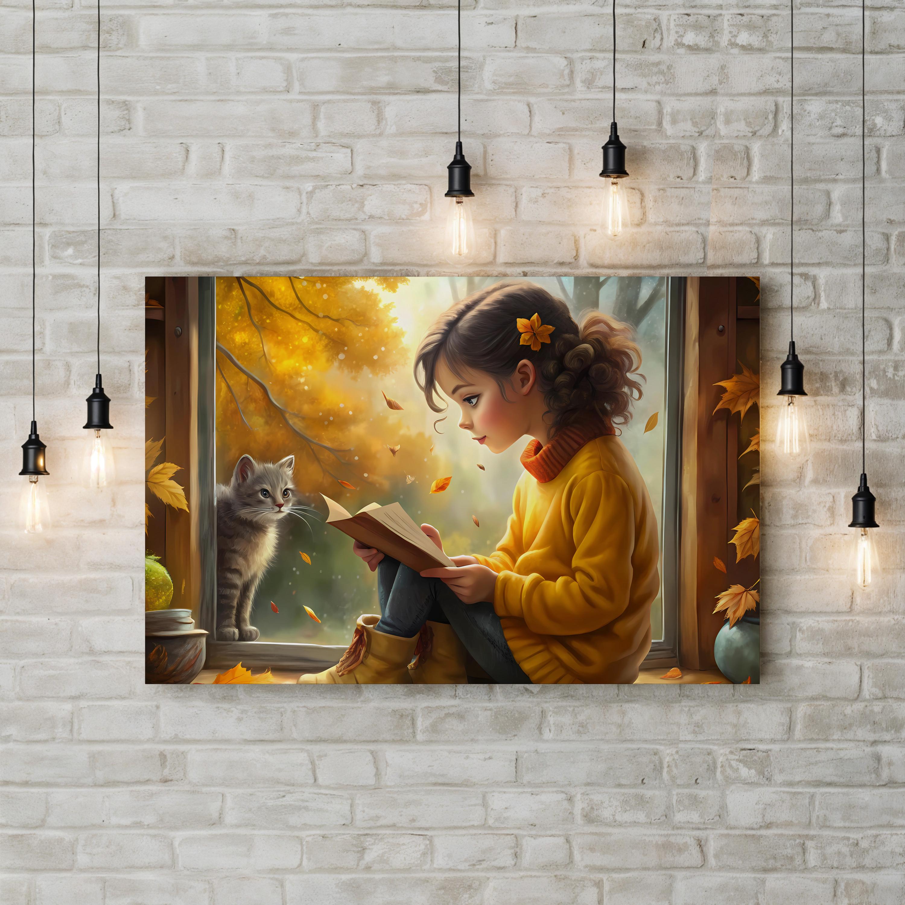 Autumn Reading Girl with Cat – Period Illustration Wall Art | Cozy Fall Canvas Print