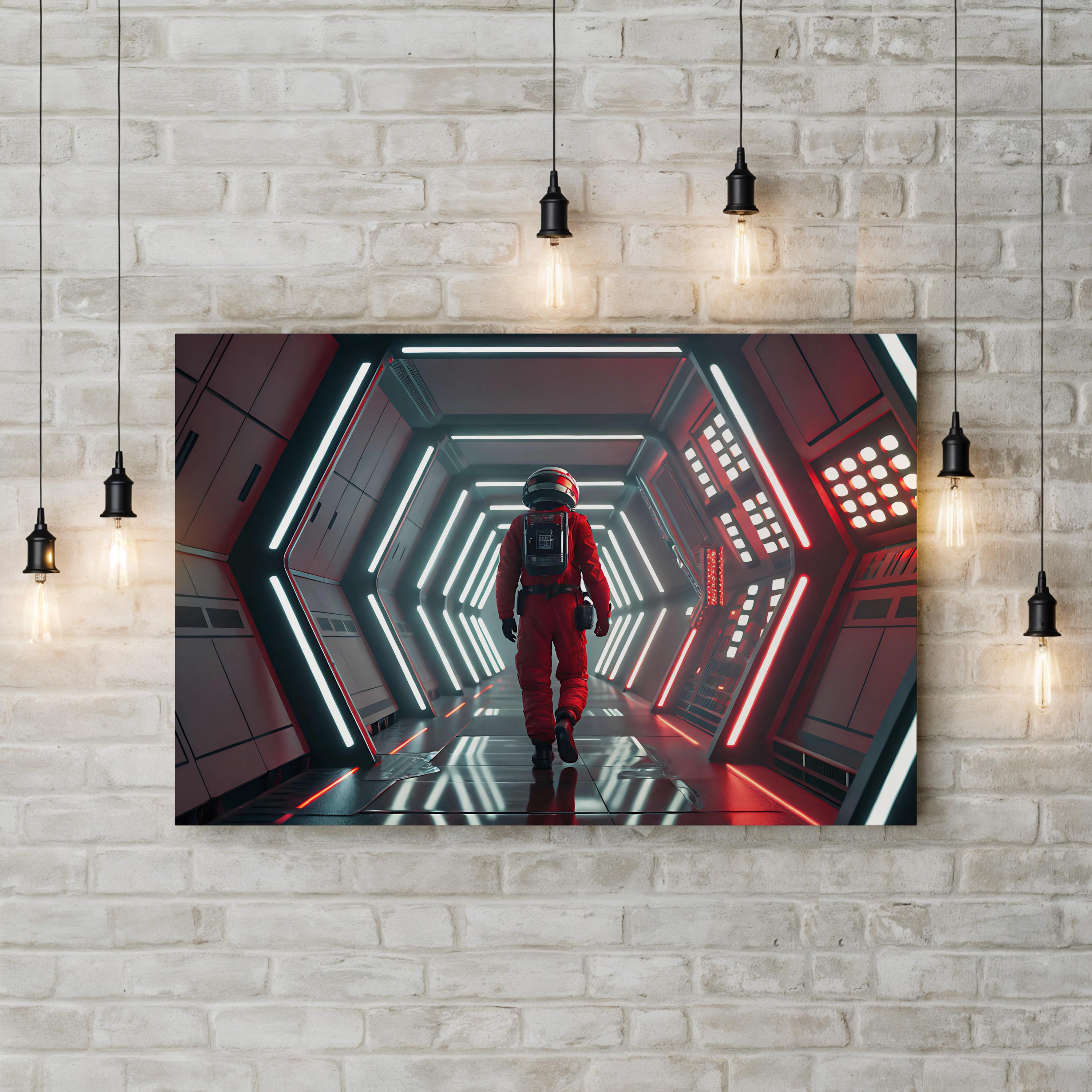 Sci-Fi Astronaut Corridor – Period Illustration Wall Art | Futuristic Space Canvas Print