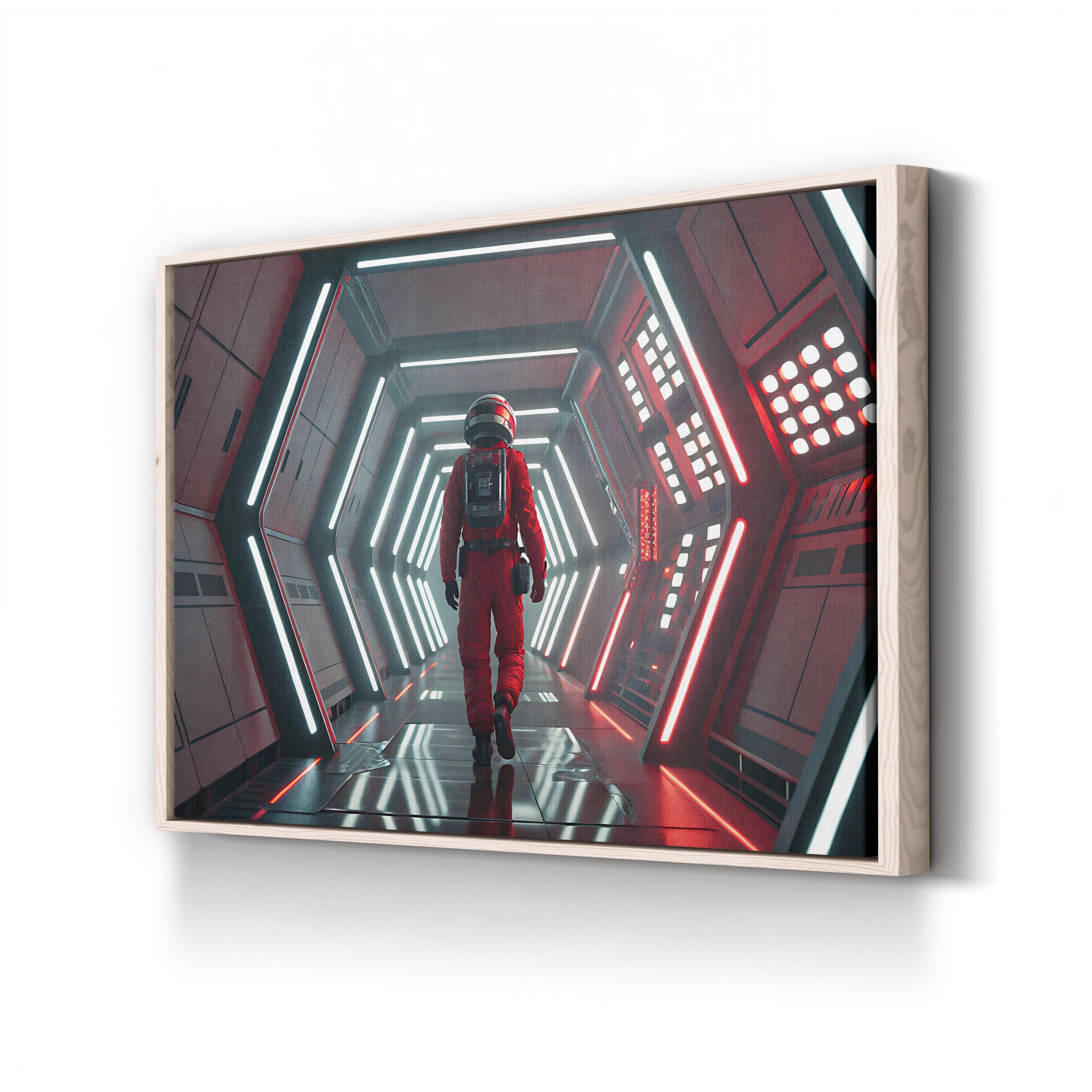 Sci-Fi Astronaut Corridor – Period Illustration Wall Art | Futuristic Space Canvas Print