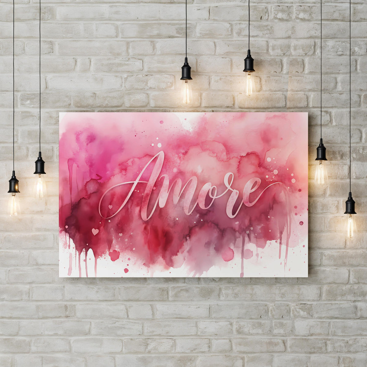 Amore Watercolor canvas print displayed in industrial-style room with pendant lighting