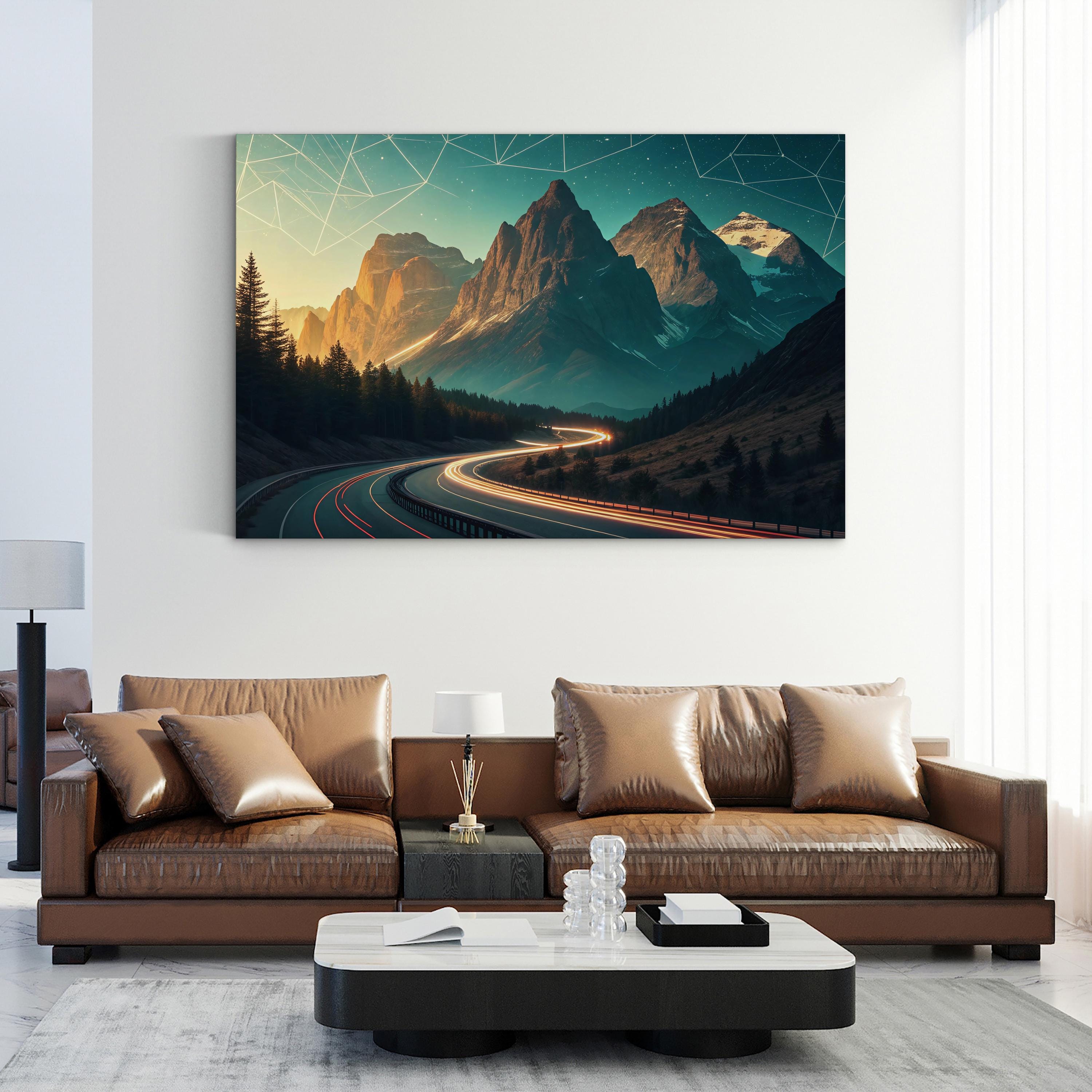 Art Deco Mountain Landscape – Period Illustration Wall Art | Geometric Nature Canvas Print