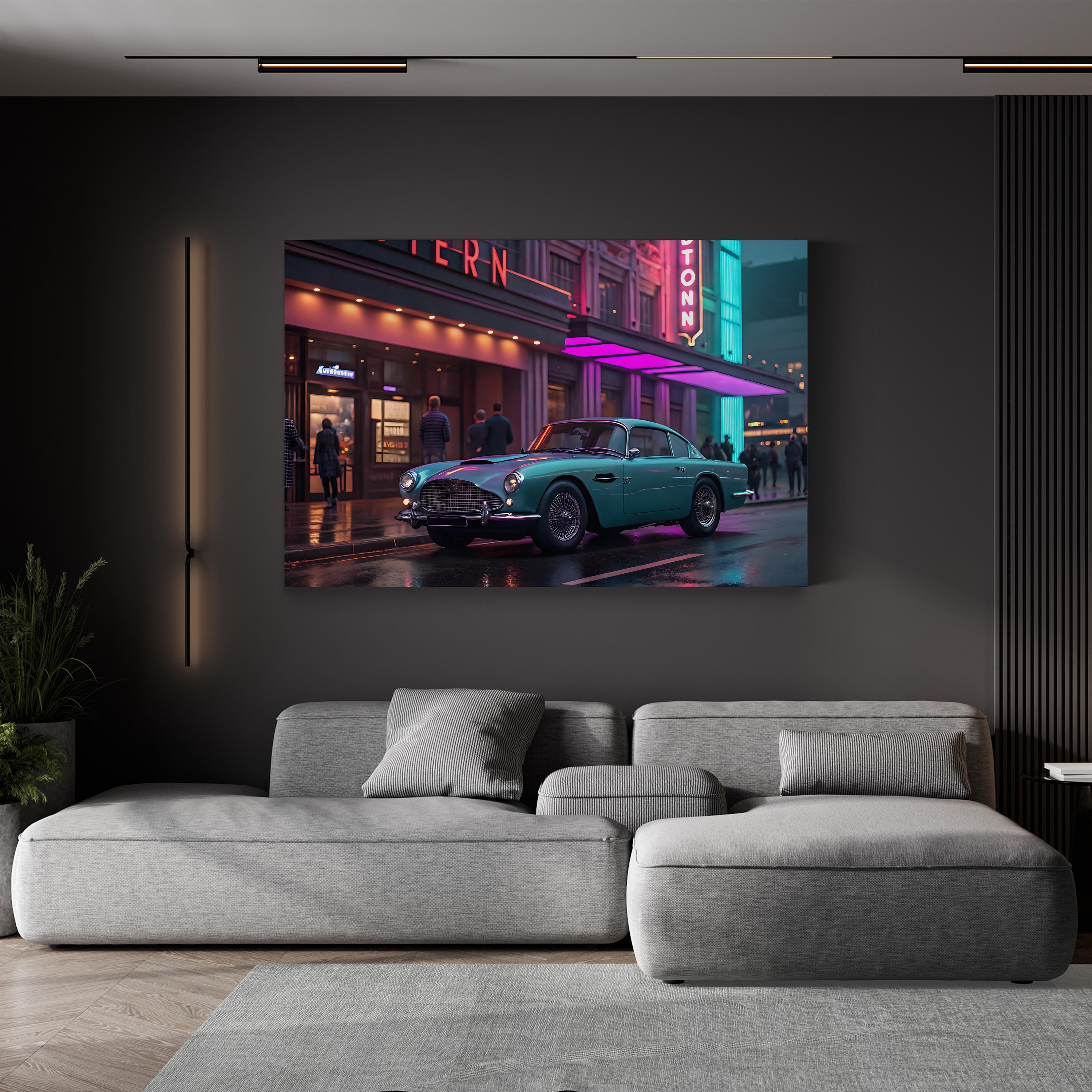 Aston Martin DB4 Urban Neon – Period Illustration Wall Art | Classic Car Canvas Print