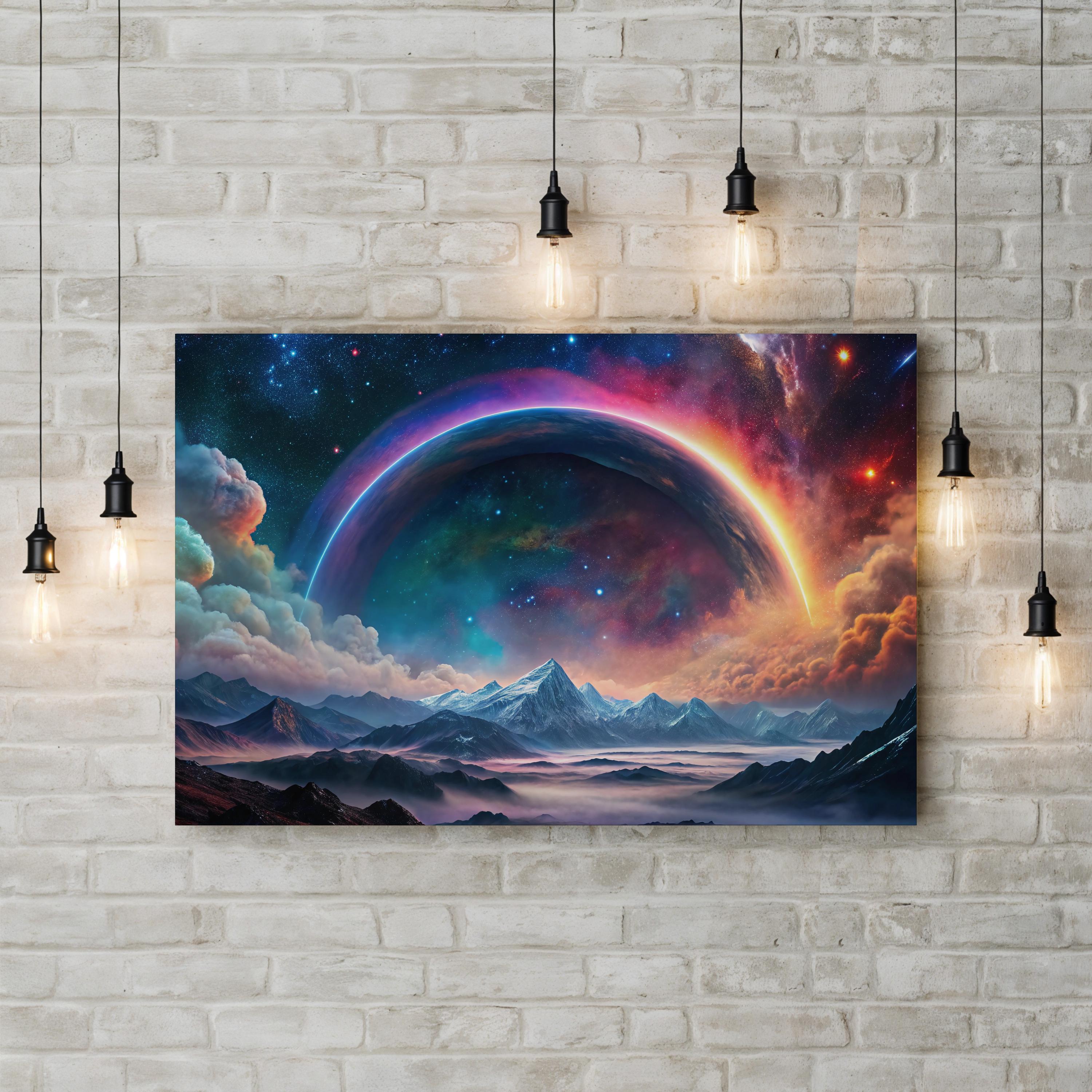 Astral Rainbow Cosmic Landscape – Period Illustration Wall Art | Surreal Space Canvas Print