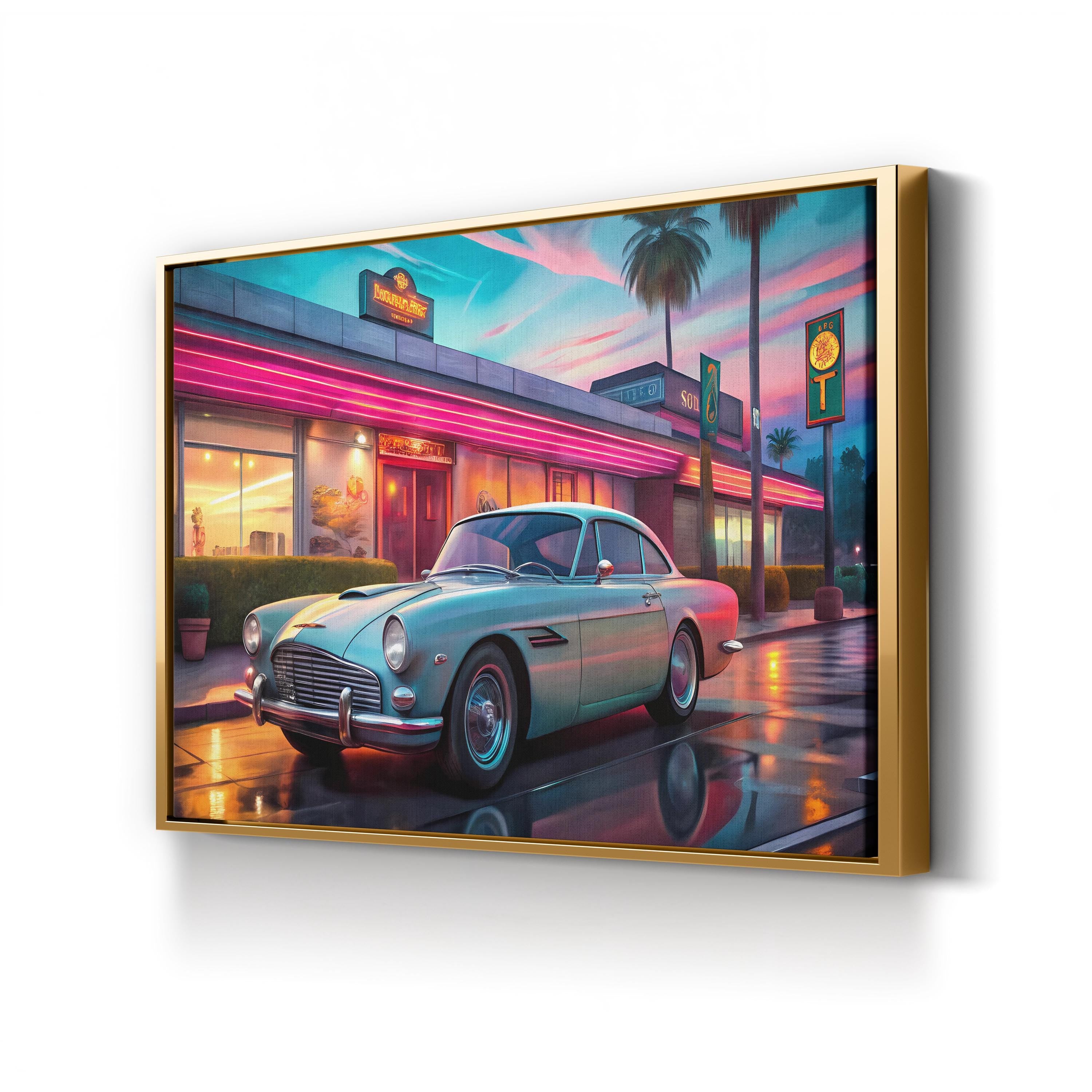 Aston Martin DB4 Neon Backdrop – Period Illustration Wall Art | British Sports Car Canvas Print
