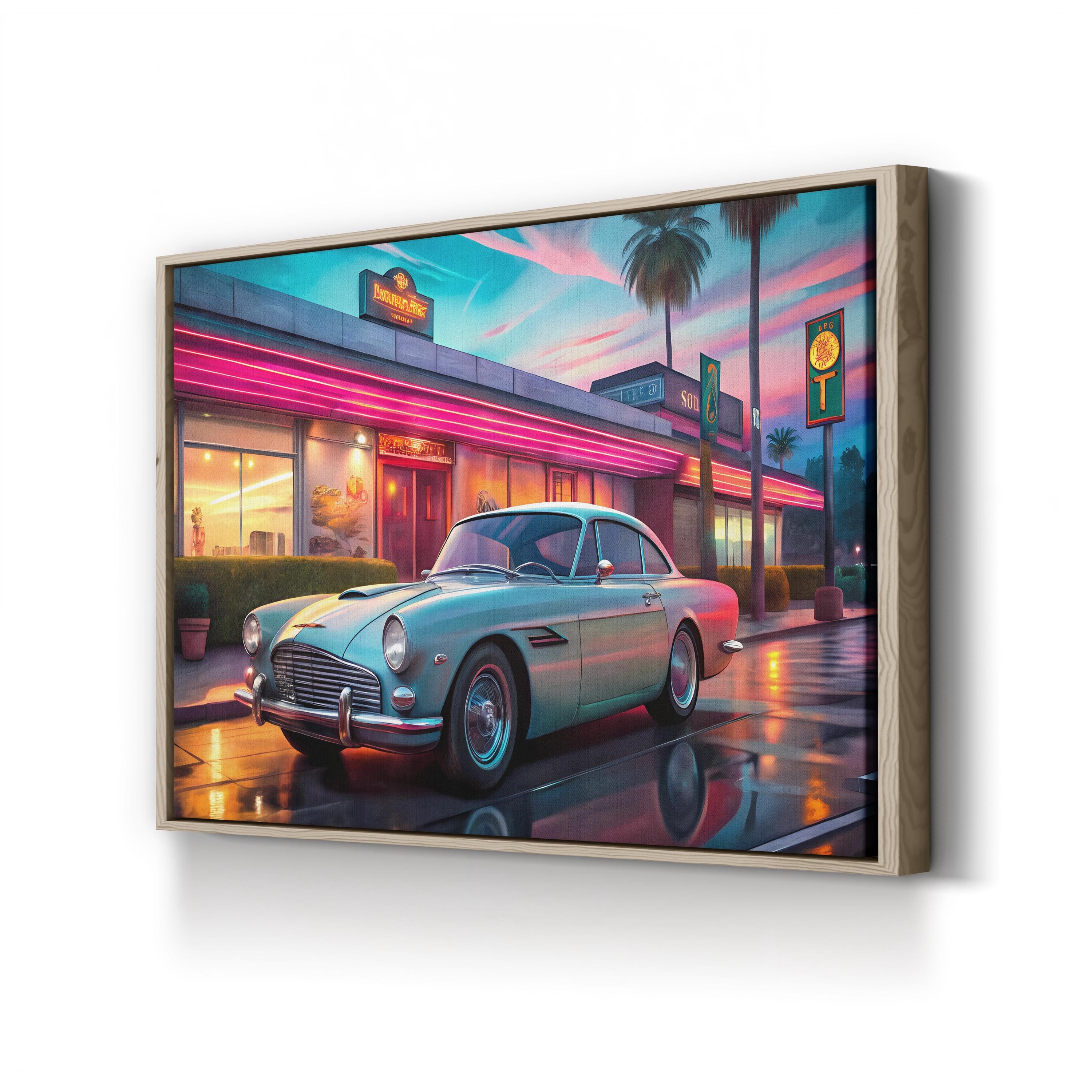 Aston Martin DB4 Neon Backdrop – Period Illustration Wall Art | British Sports Car Canvas Print