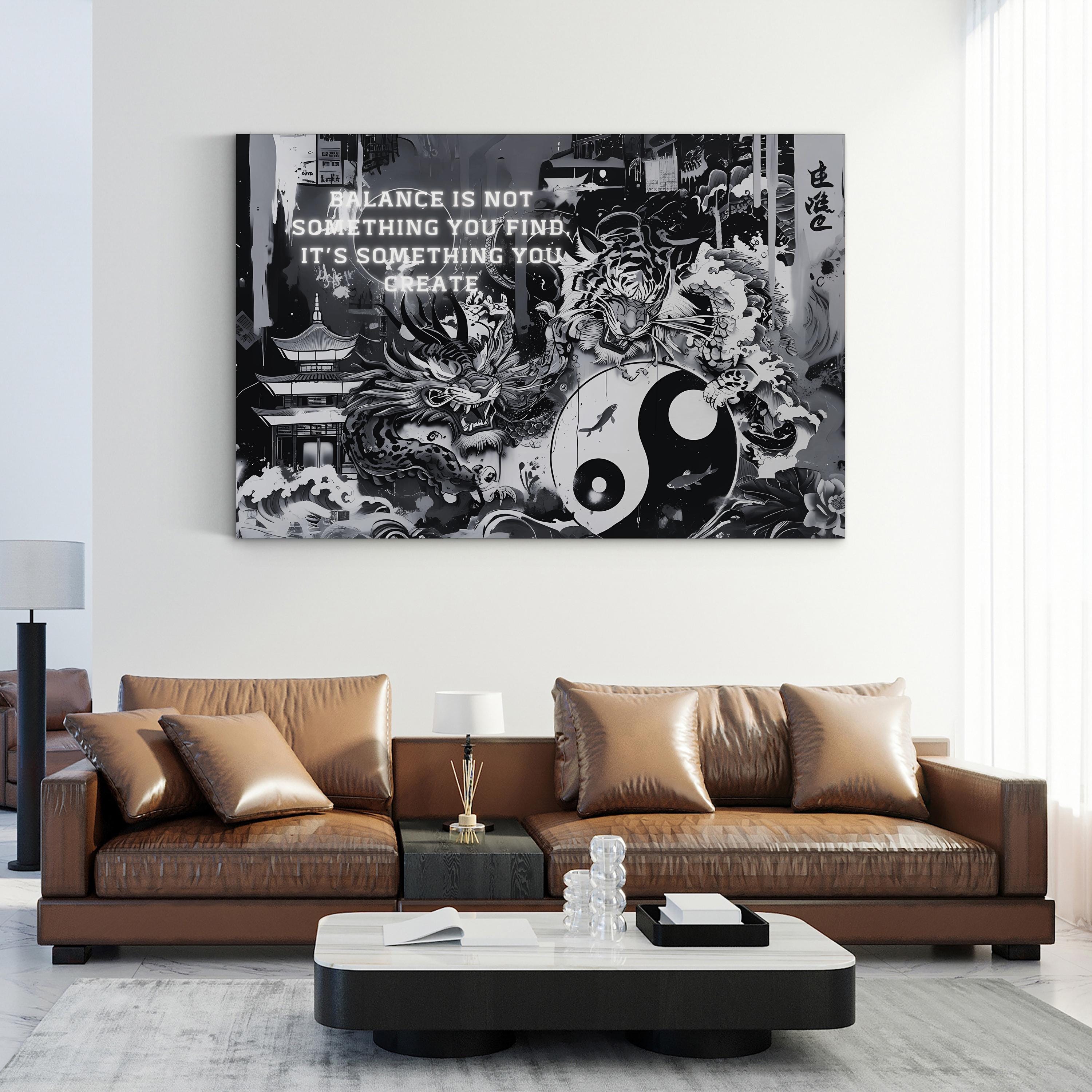 Yin Yang Tiger Zen – Period Illustration Wall Art | Spiritual Monochrome Canvas Print