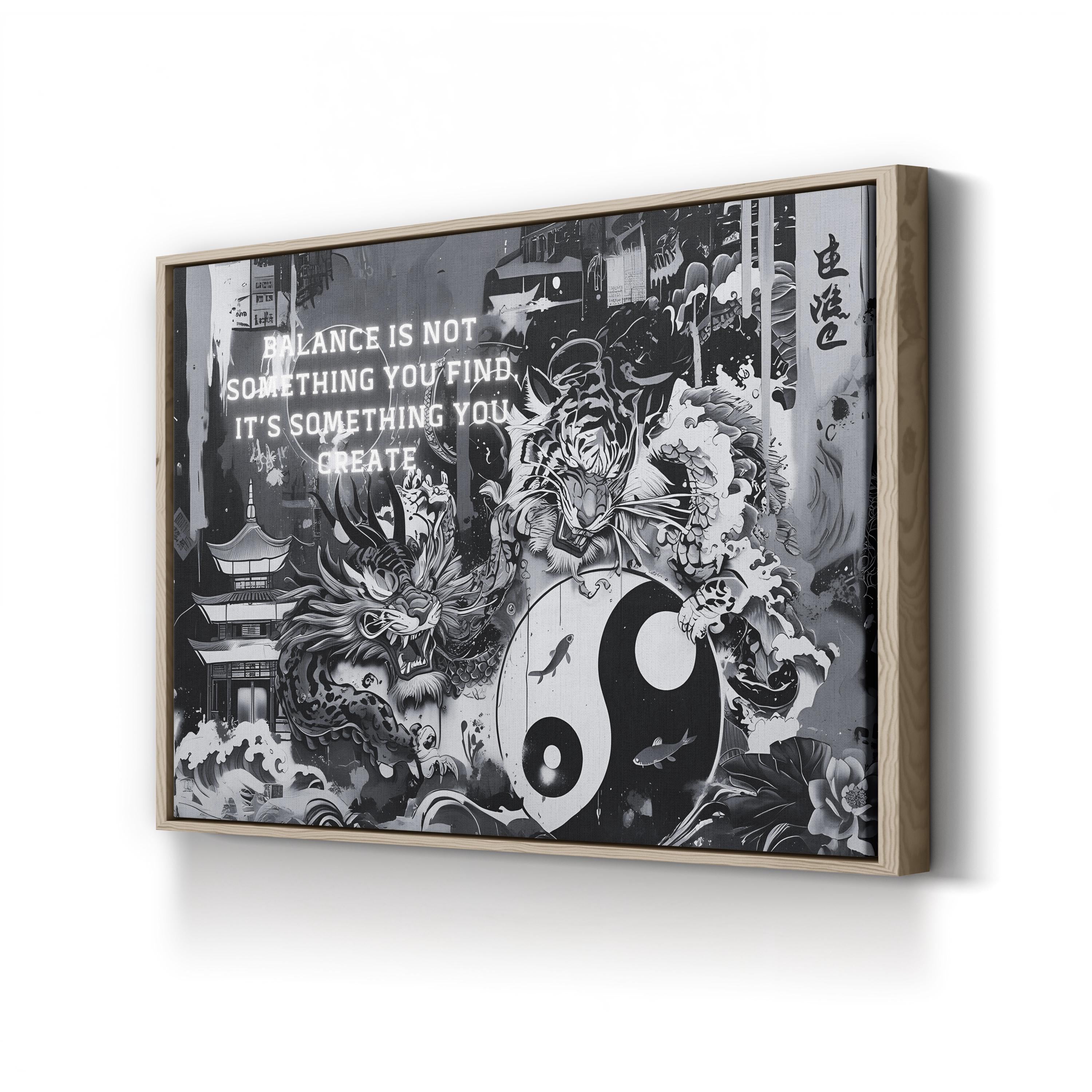 Yin Yang Tiger Zen – Period Illustration Wall Art | Spiritual Monochrome Canvas Print