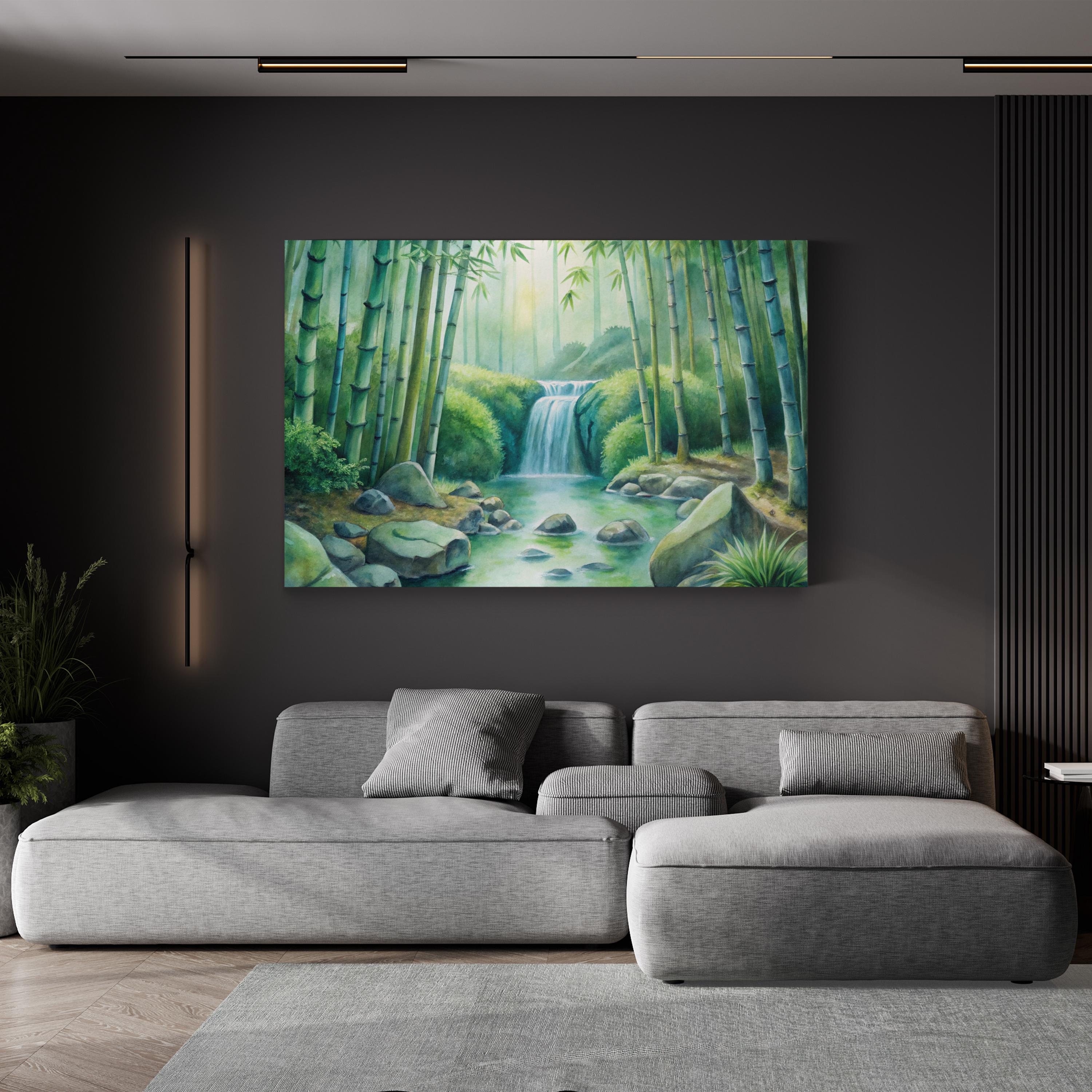 Watercolor Bamboo Forest – Period Illustration Wall Art | Calming Waterfall Canvas Print