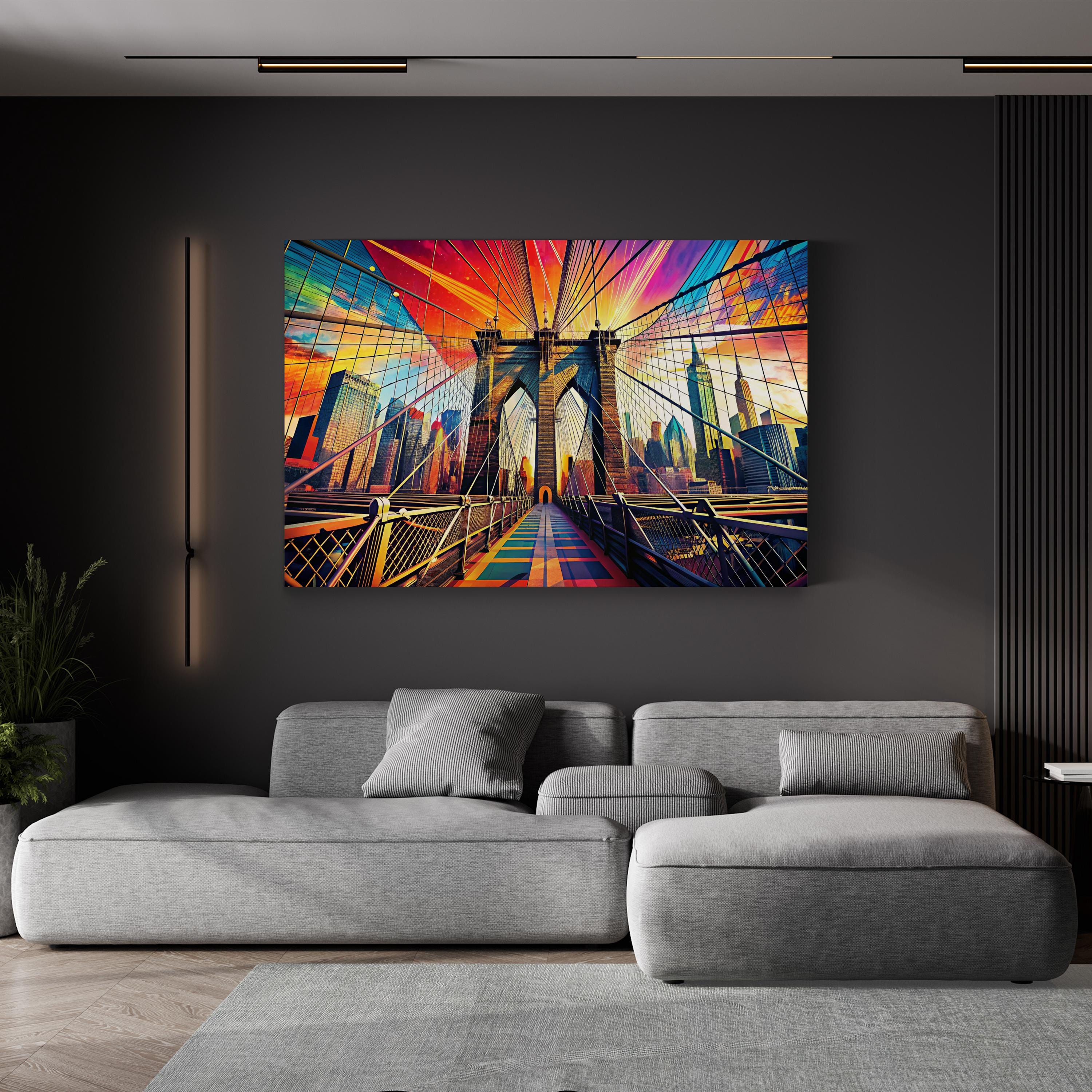 Brooklyn Bridge Bold Color – Period Illustration Wall Art | Contemporary NYC Canvas Print
