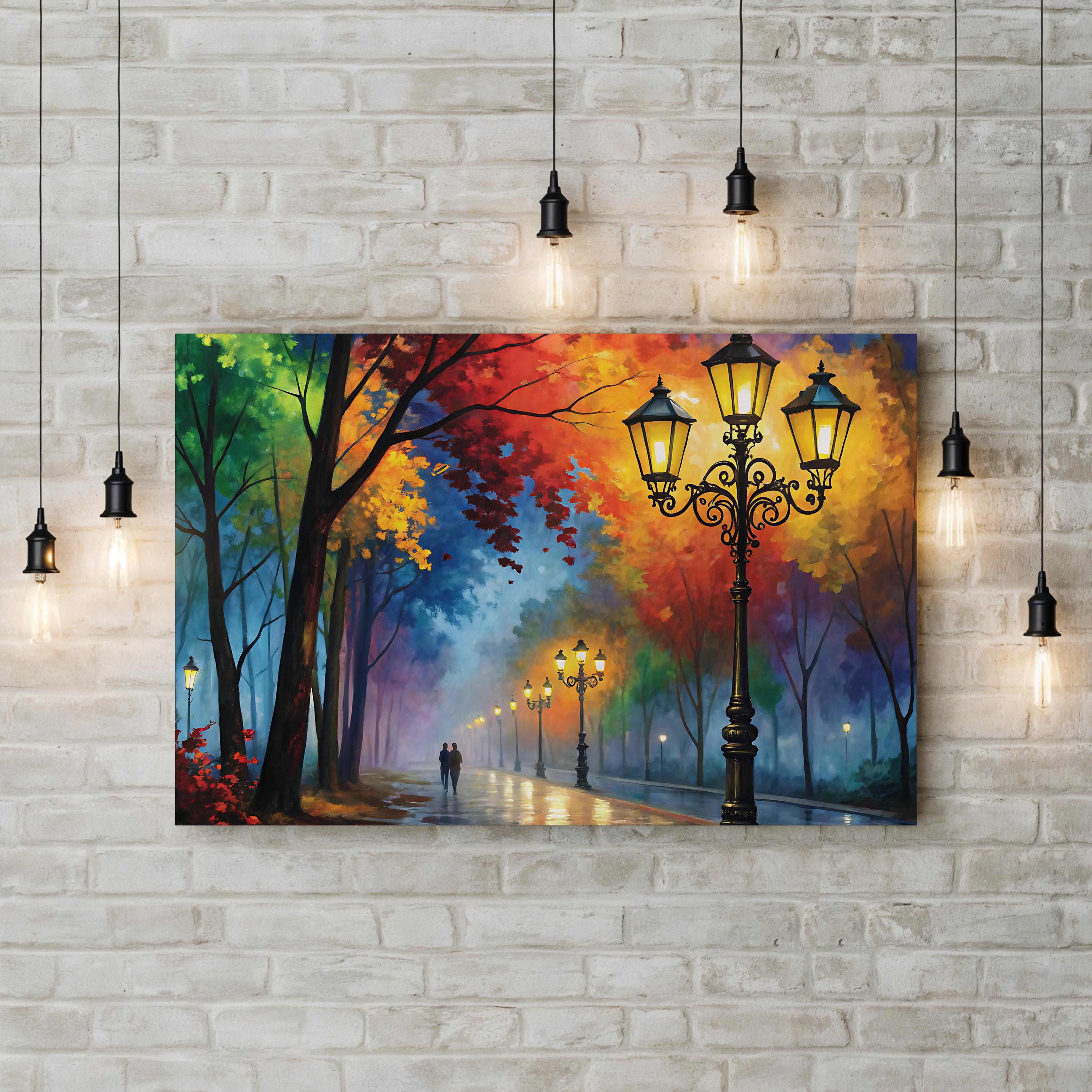Autumn Street Lanterns – Period Illustration Wall Art | Tree-Lined Pathway Canvas Print