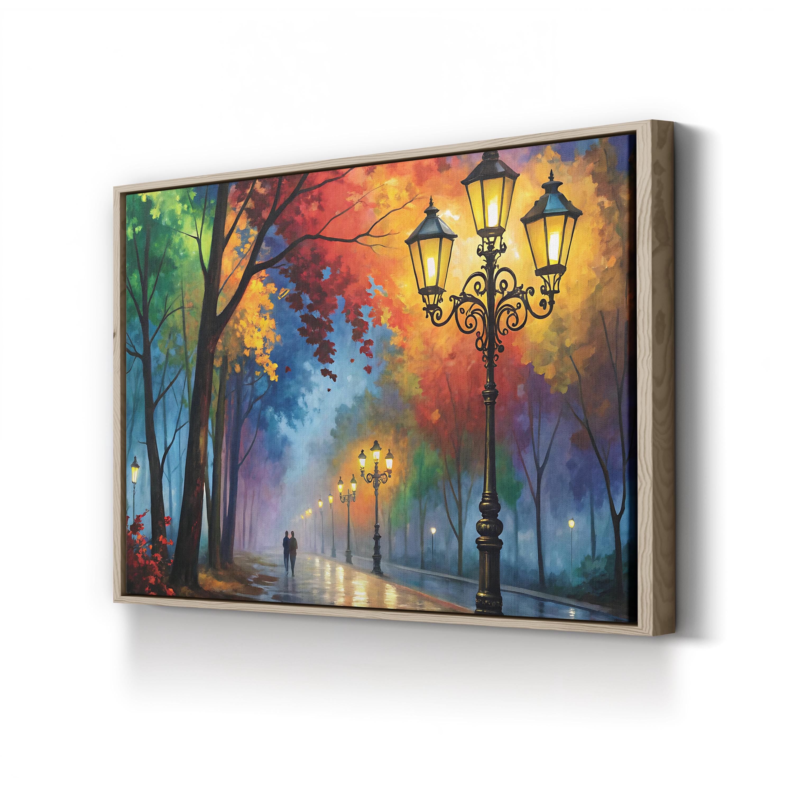 Autumn Street Lanterns – Period Illustration Wall Art | Tree-Lined Pathway Canvas Print