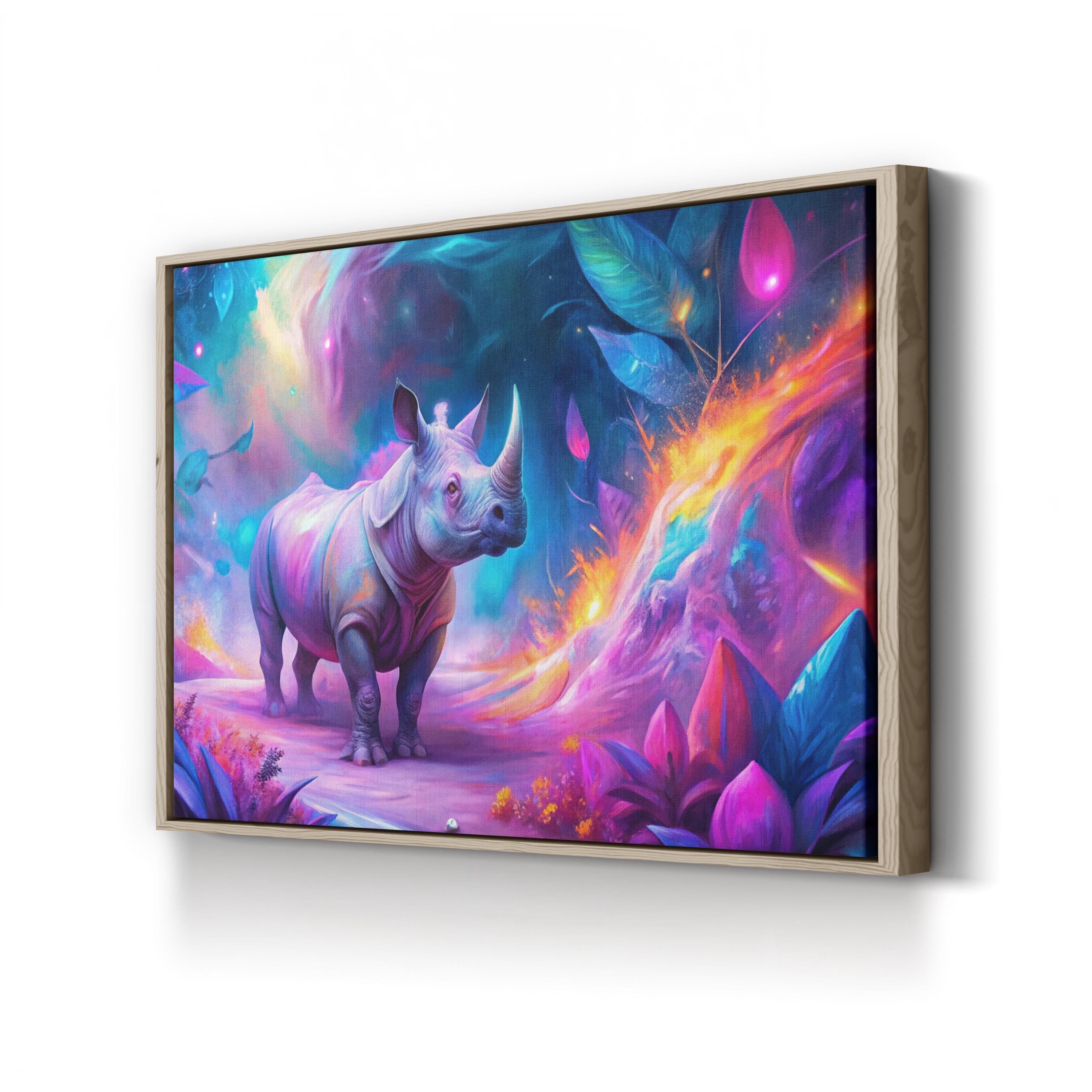Vibrant Neon Rhino – Period Illustration Wall Art | Contemporary Wildlife Canvas Print