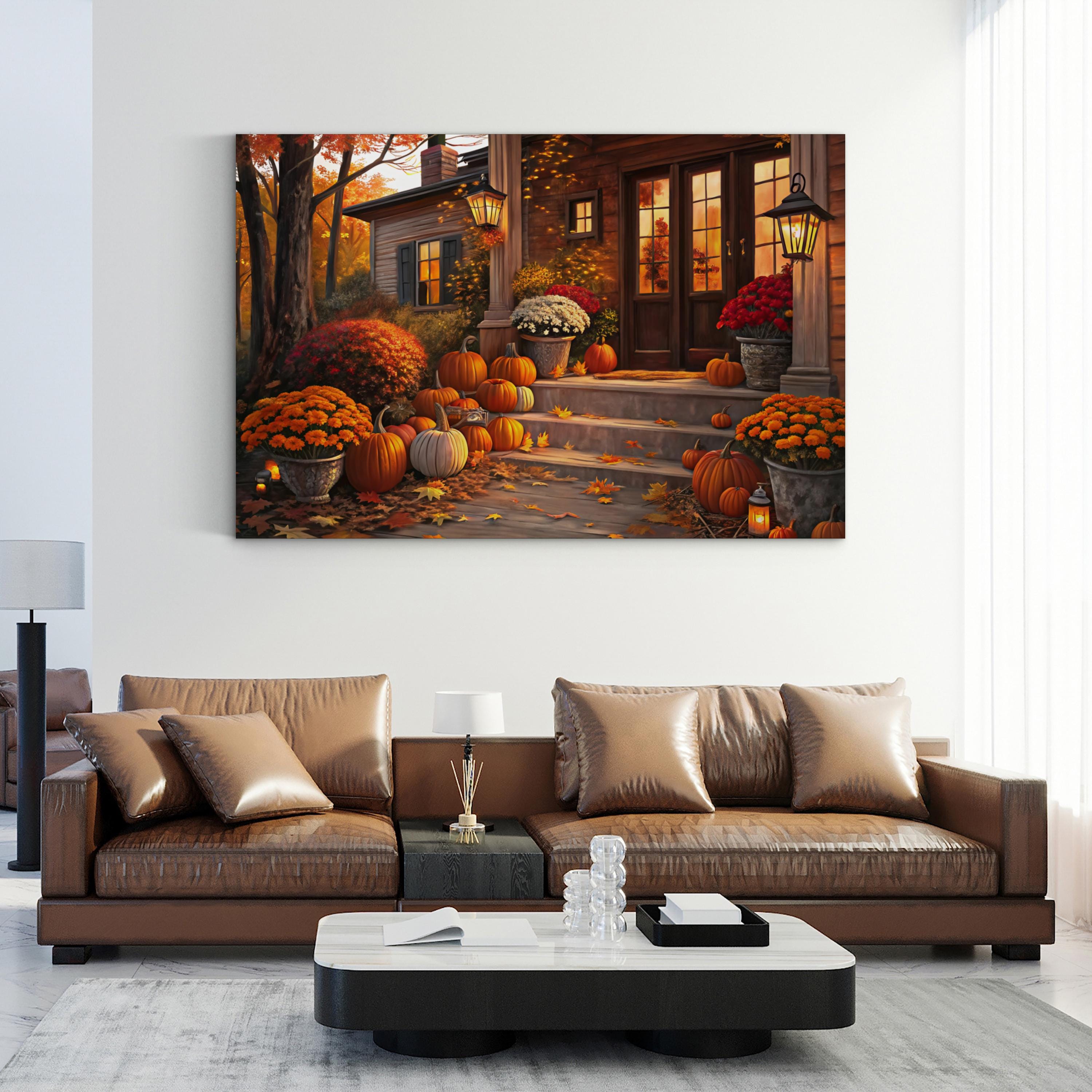 Autumn Porch with Pumpkins – Period Illustration Wall Art | Fall Harvest Canvas Print